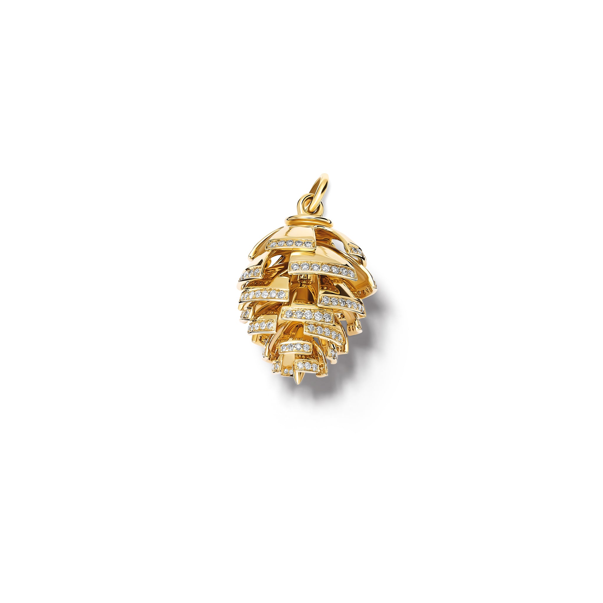 Handcrafted yellow gold fir cone shaped necklace pendant with diamonds.