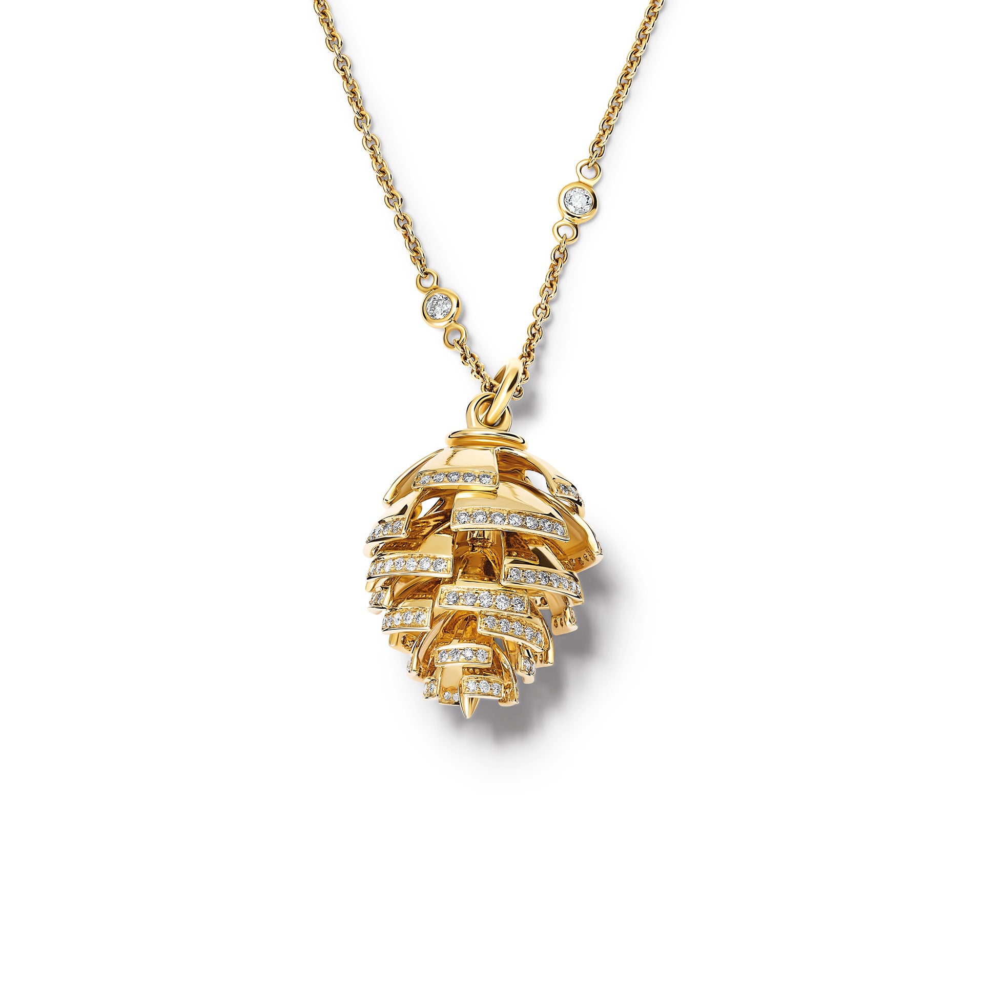 Handcrafted yellow gold fir cone shaped necklace pendant with diamonds.