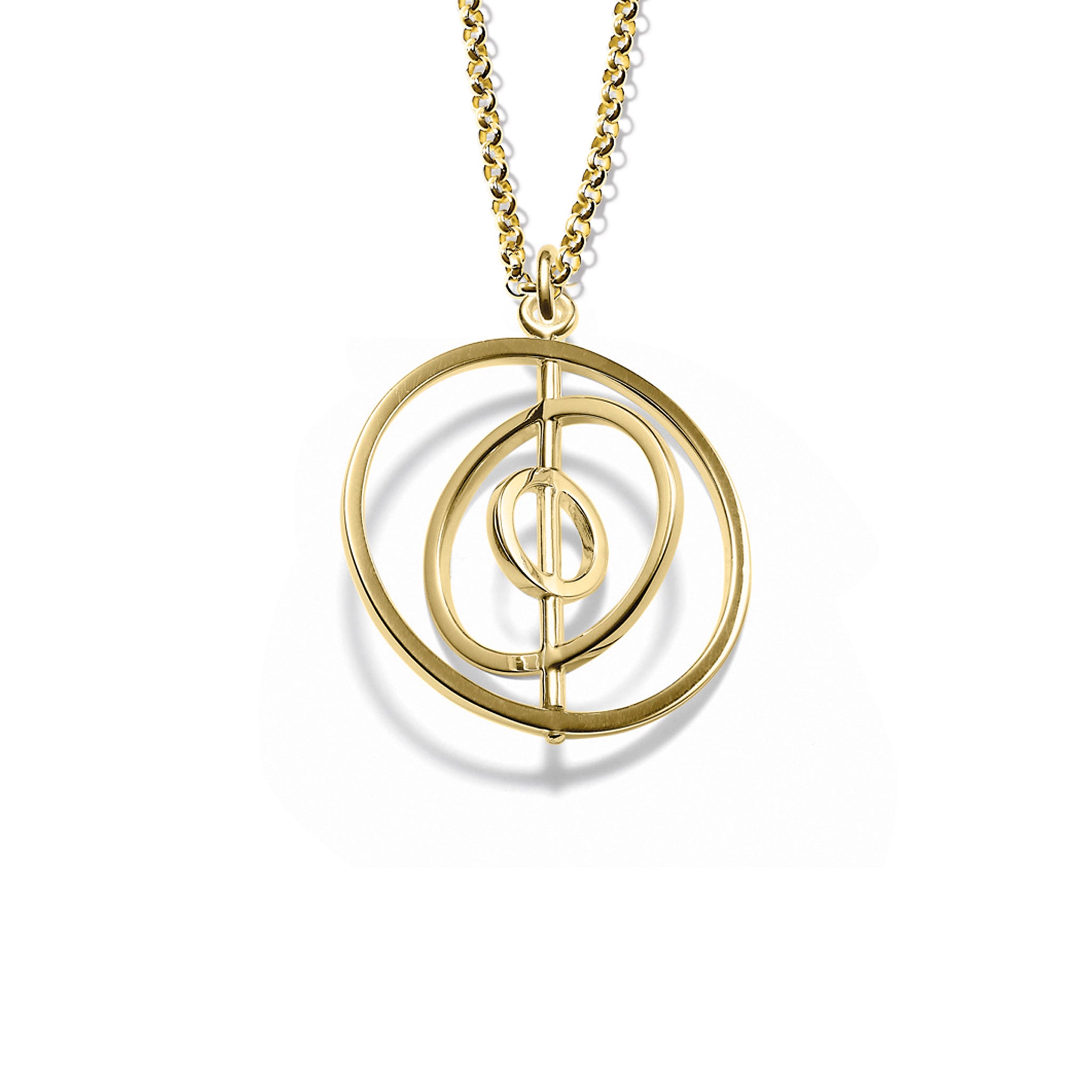 Handcrafted yellow gold necklace pendant featuring three circles around central axis.