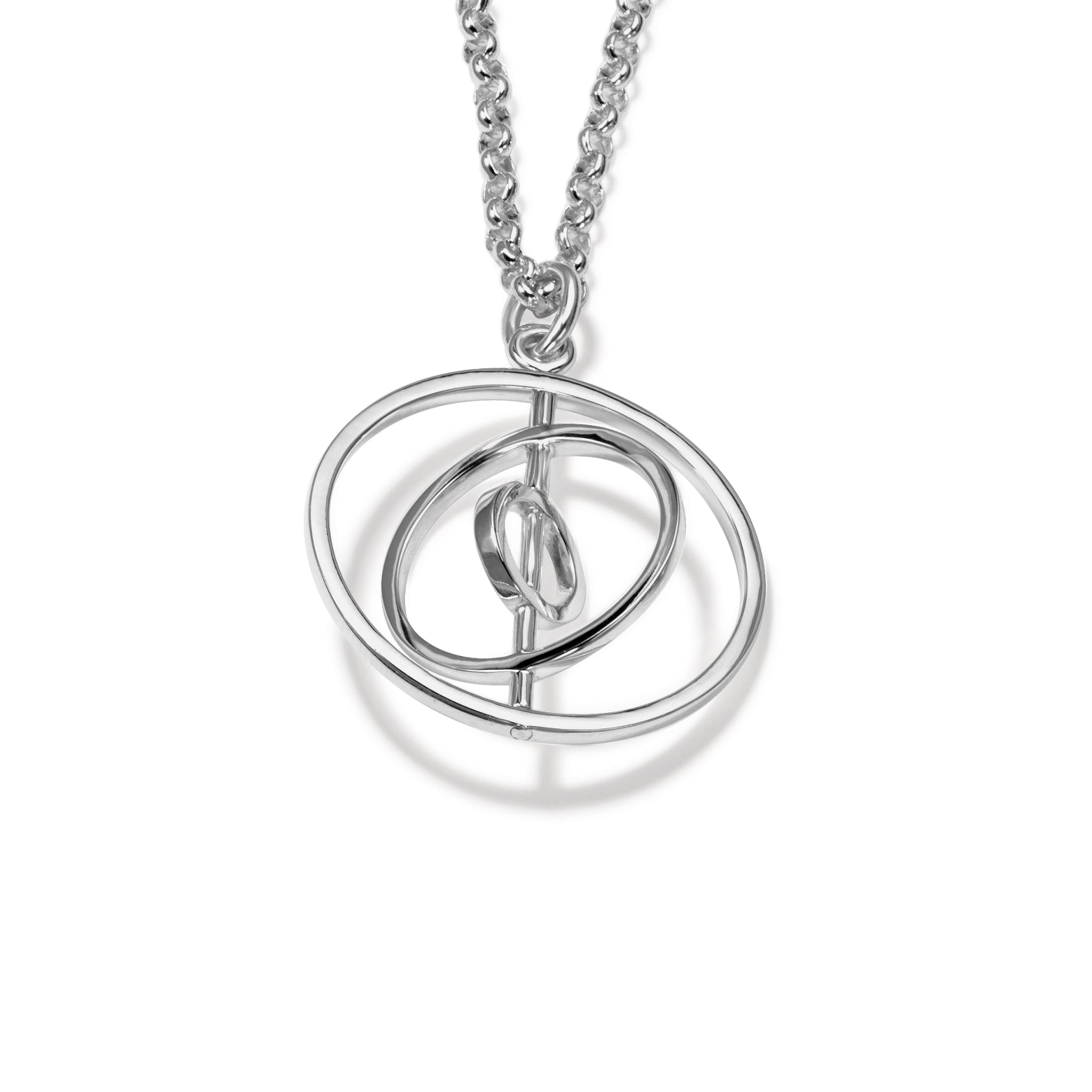 Handcrafted sterling silver necklace pendant featuring three circles around central axis.