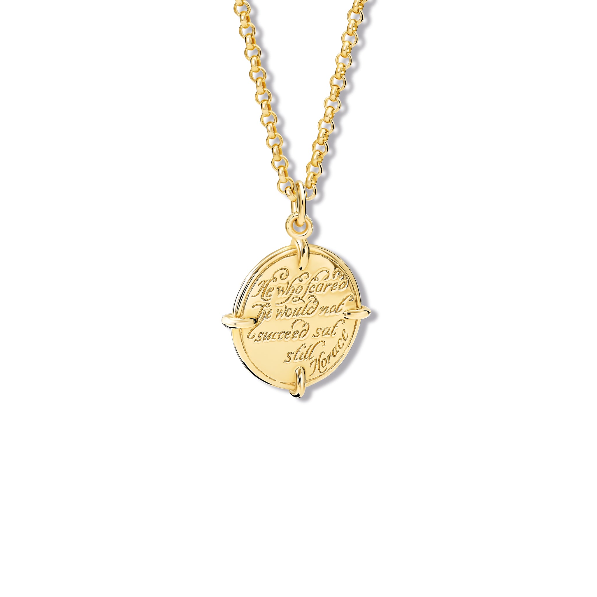 Handcrafted yellow gold necklace pendant engraved with the quote, 'He who feared he would not succeed, sat still and on the reverse.'