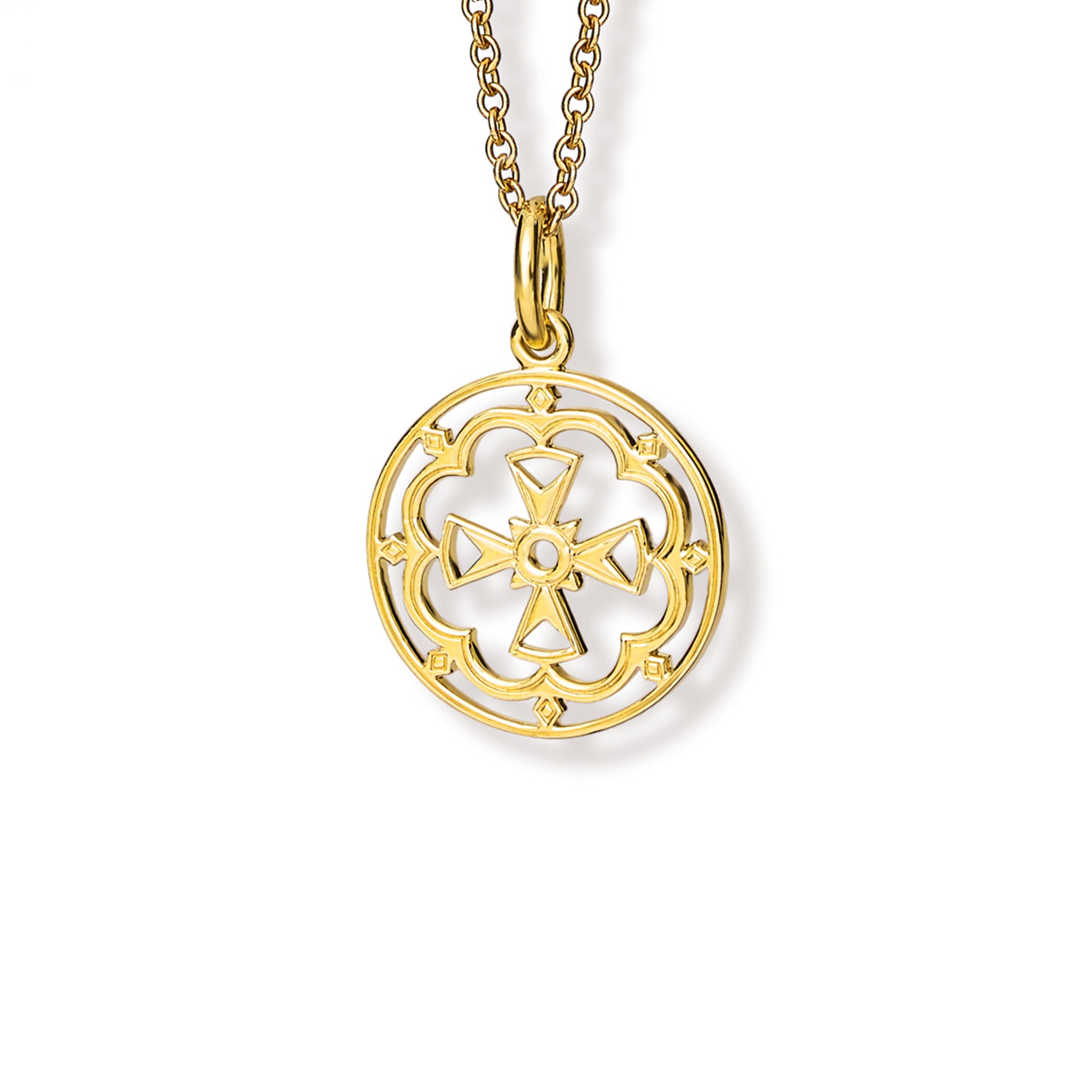 Handcrafted round yellow gold necklace pendant  featuring a cross in the middle, hanging from a gold chain.