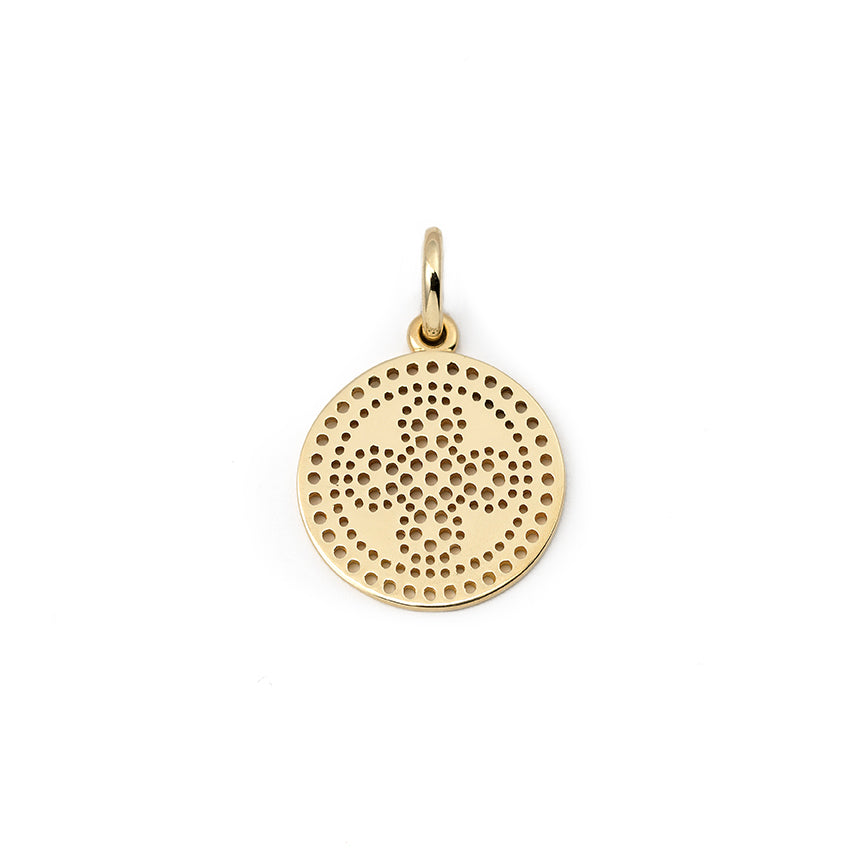 Handcrafted yellow gold necklace pendant featuring a pierced cross pattern.
