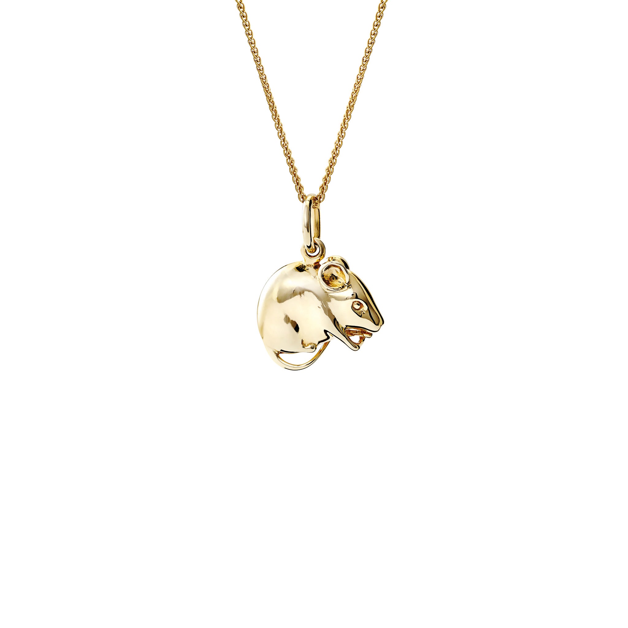 Handcrafted yellow gold mouse shaped necklace pendant.