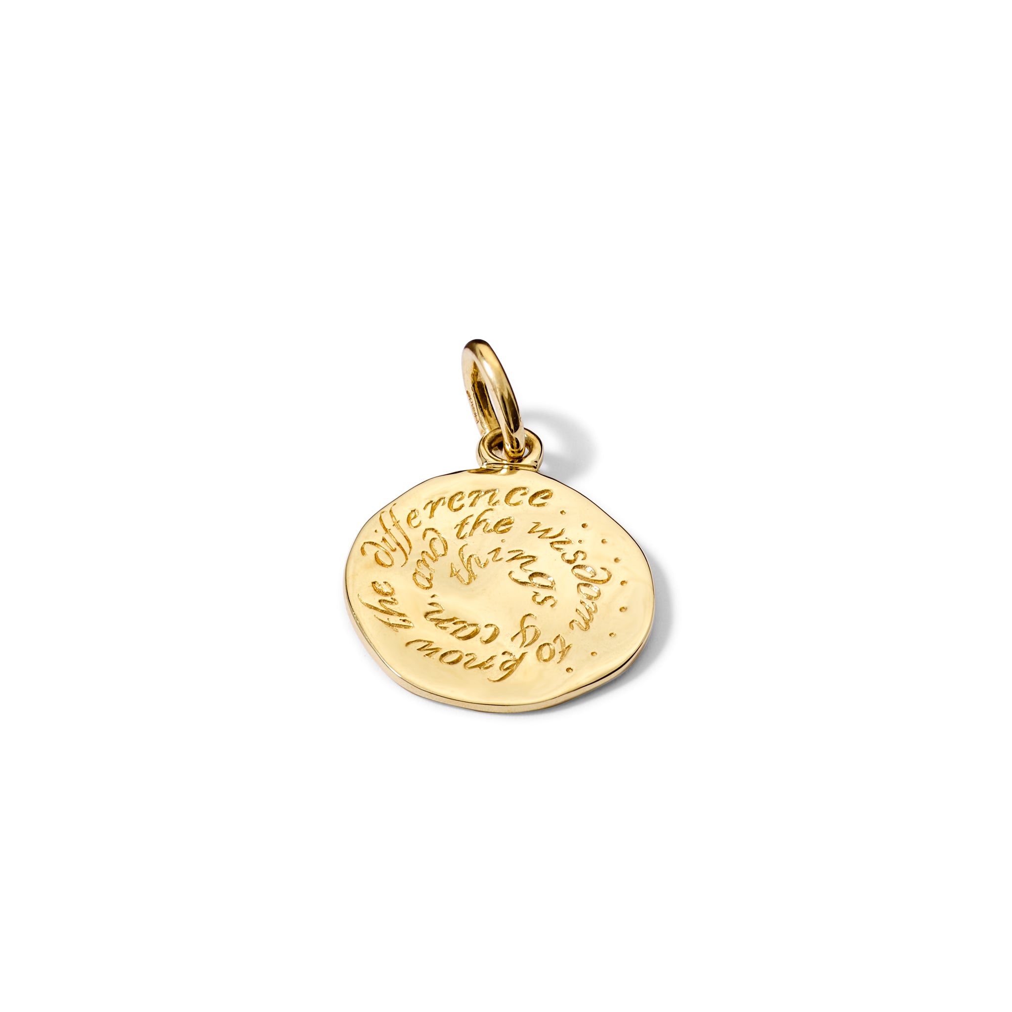 Handcrafted 18ct yellow gold necklace pendant engraved with the quote, 'Give me the serenity to accept the things I cannot change, the courage to change the things I can, and the wisdom to know the difference.' 
