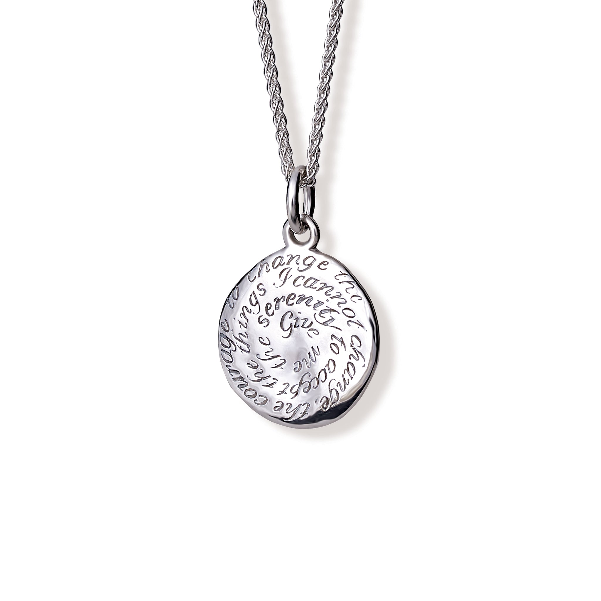 Handcrafted sterling silver necklace pendant engraved with the quote, 'Give me the serenity to accept the things I cannot change, the courage to change the things I can, and the wisdom to know the difference.' 
