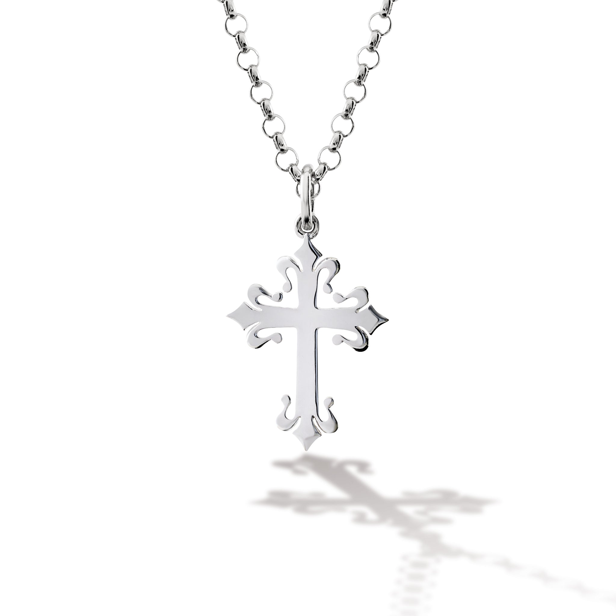 Handcrafted sterling silver cross necklace pendant featuring trident-like ends, with a loop at the top for chain attachment.