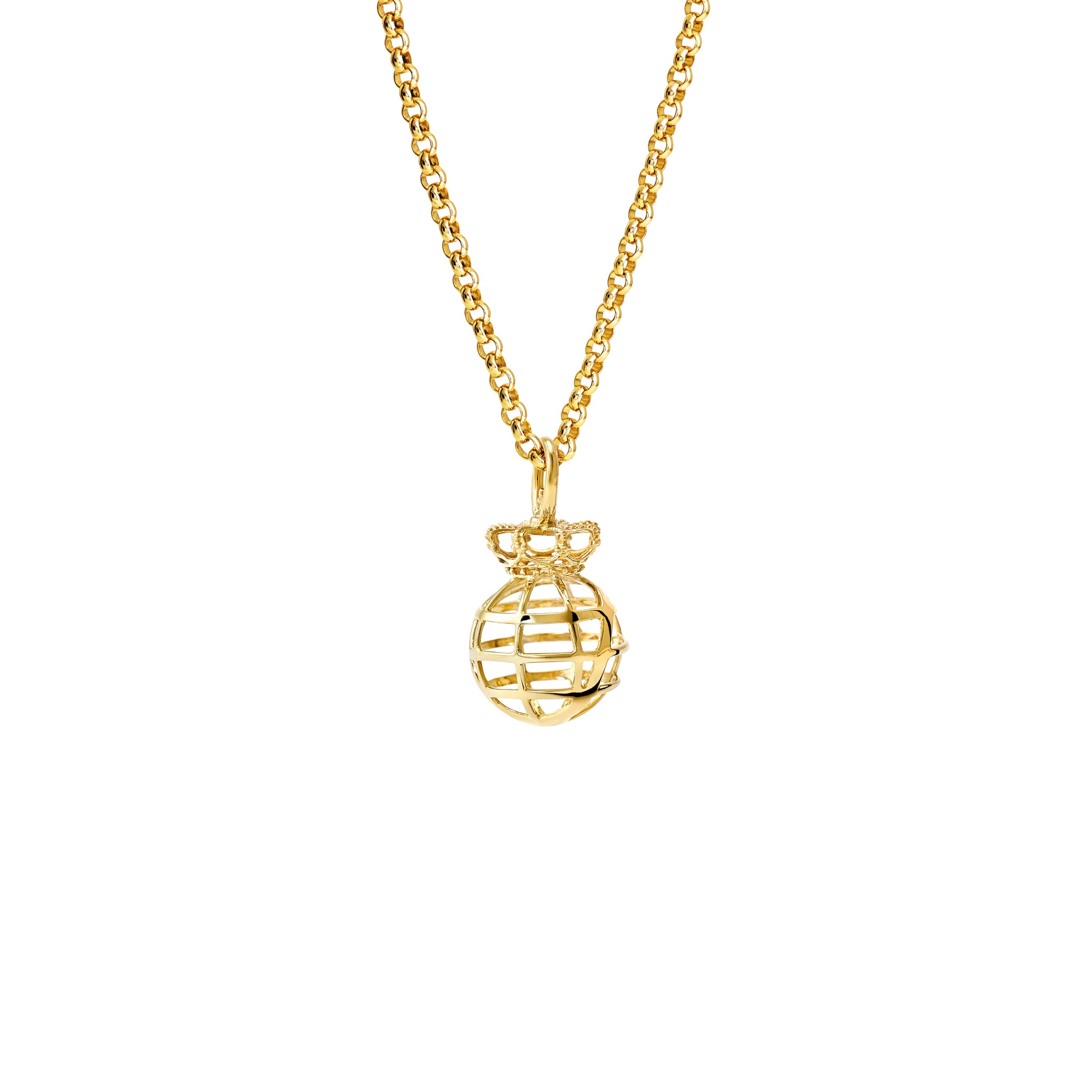 A crown-shaped necklace pendant in precious metal, hanging from a necklace chain