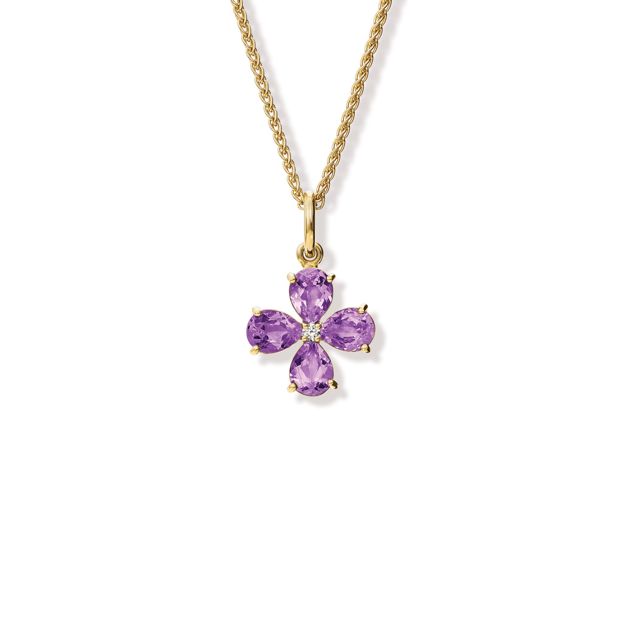 Handcrafted white gold four-leaf clover necklace pendant with pale amethyst and diamond, birthstone of February.