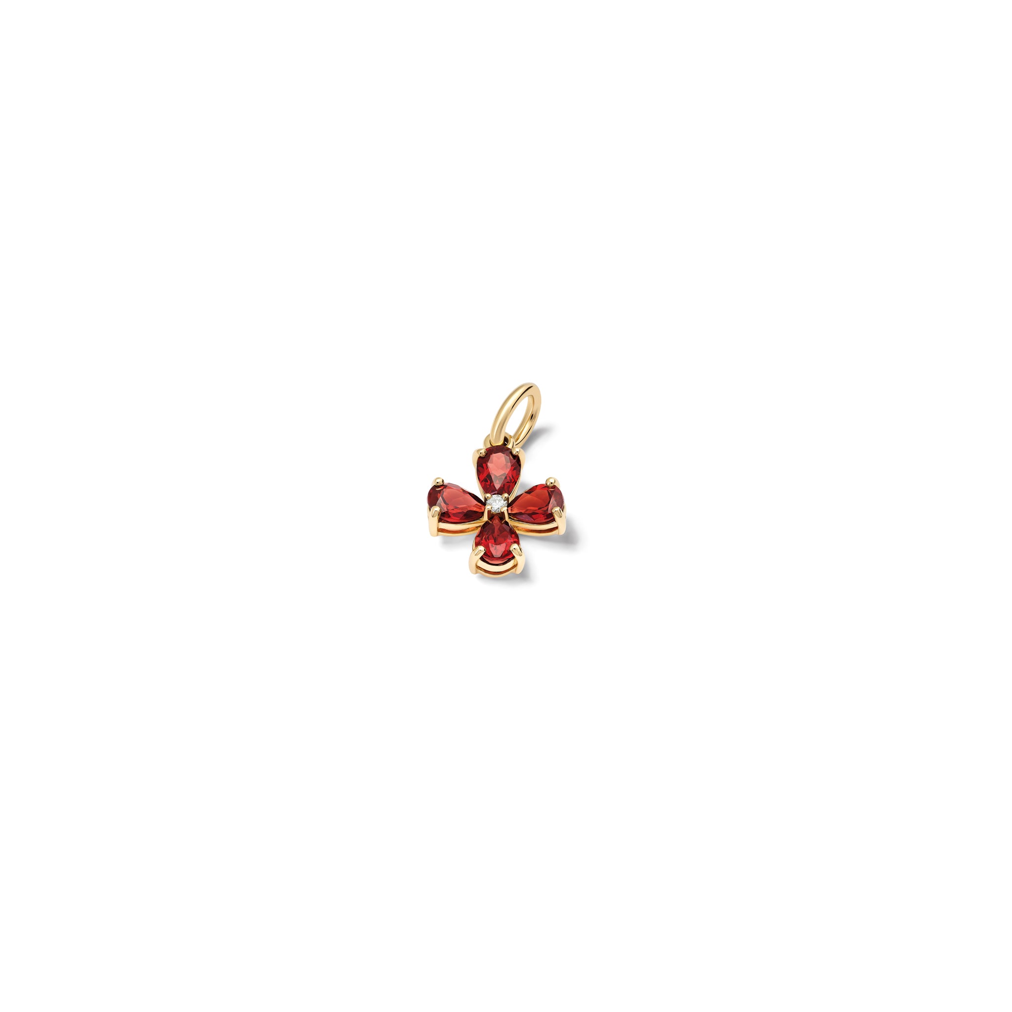 Handcrafted yellow gold four-leaf clover necklace pendant with garnet and diamond, birthstone of January.