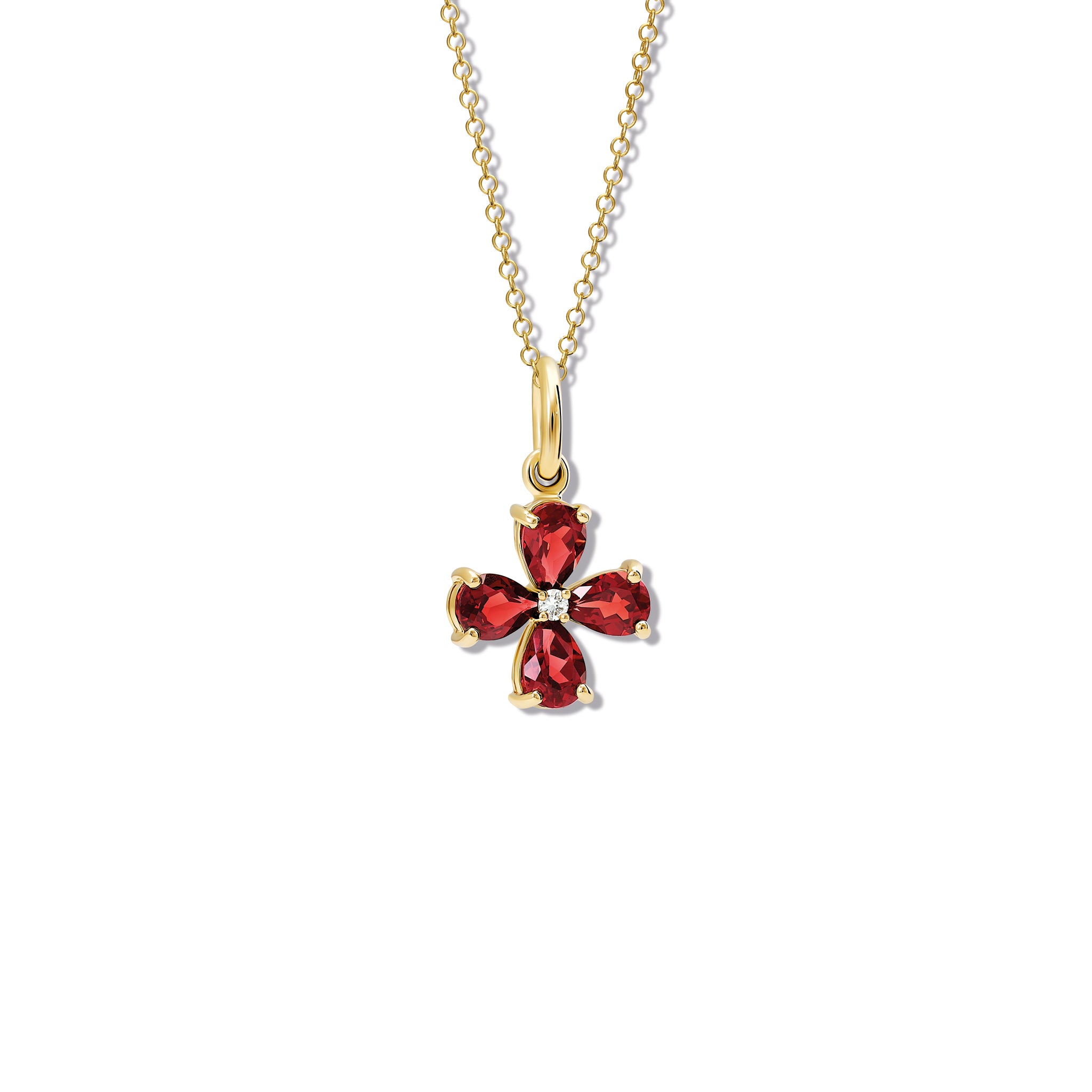 Handcrafted yellow gold four-leaf clover necklace pendant with garnet and diamond, birthstone of January.