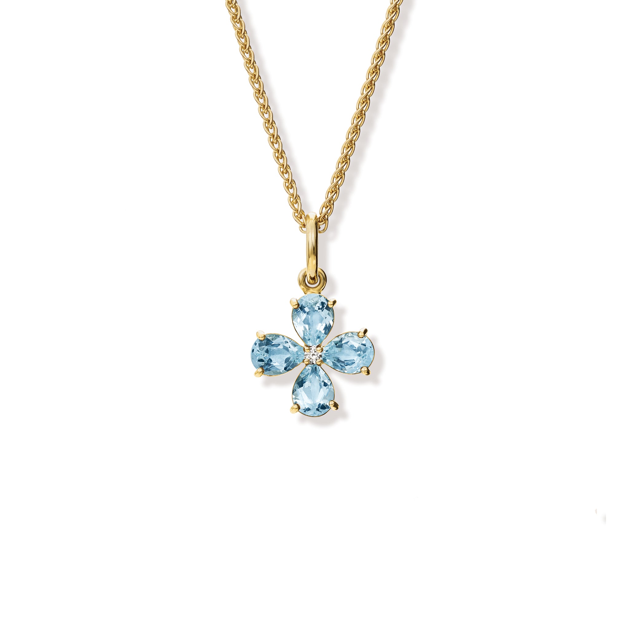 Handcrafted yellow gold four-leaf clover necklace pendant with blue topaz and diamond, birthstone of November.