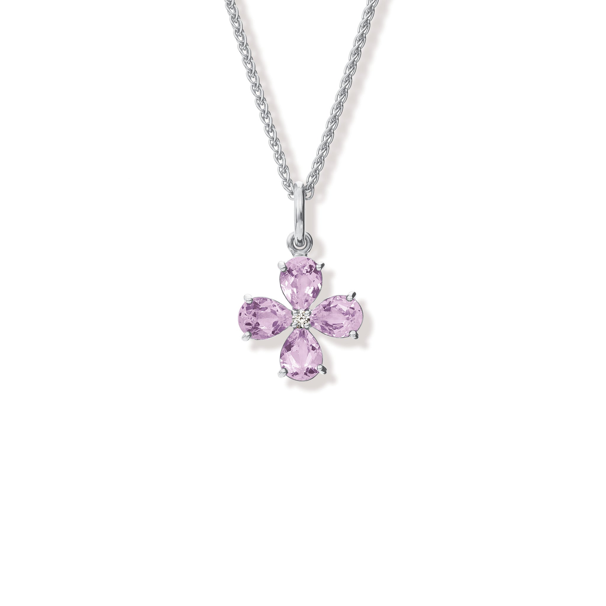 Handcrafted white gold four-leaf clover necklace pendant with pale amethyst and diamond, birthstone of February.