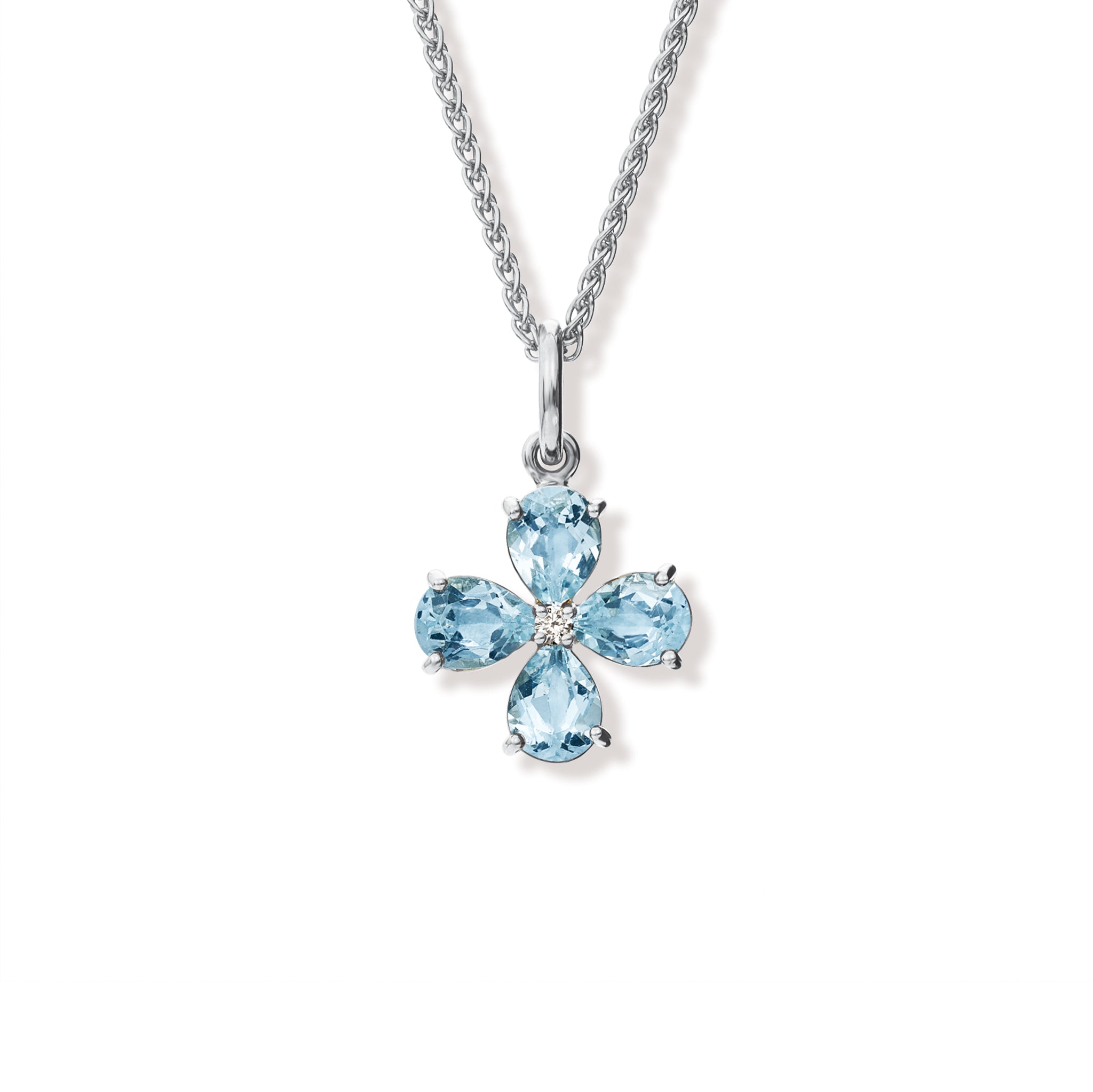 Handcrafted white gold four-leaf clover necklace pendant with blue topaz and diamond, birthstone of November.