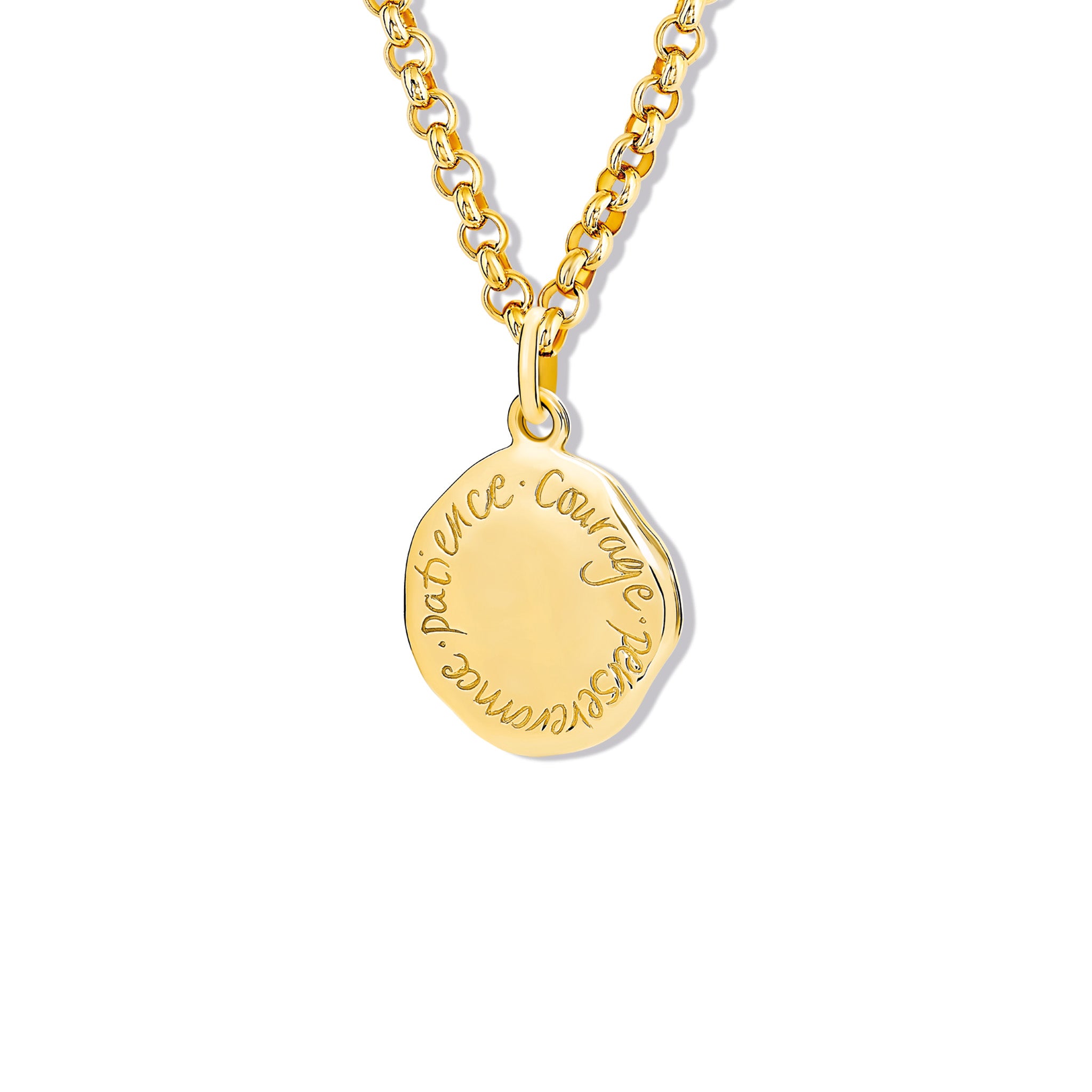 Courage, Perseverance, Patience Quote Pendant 18ct Yellow Gold