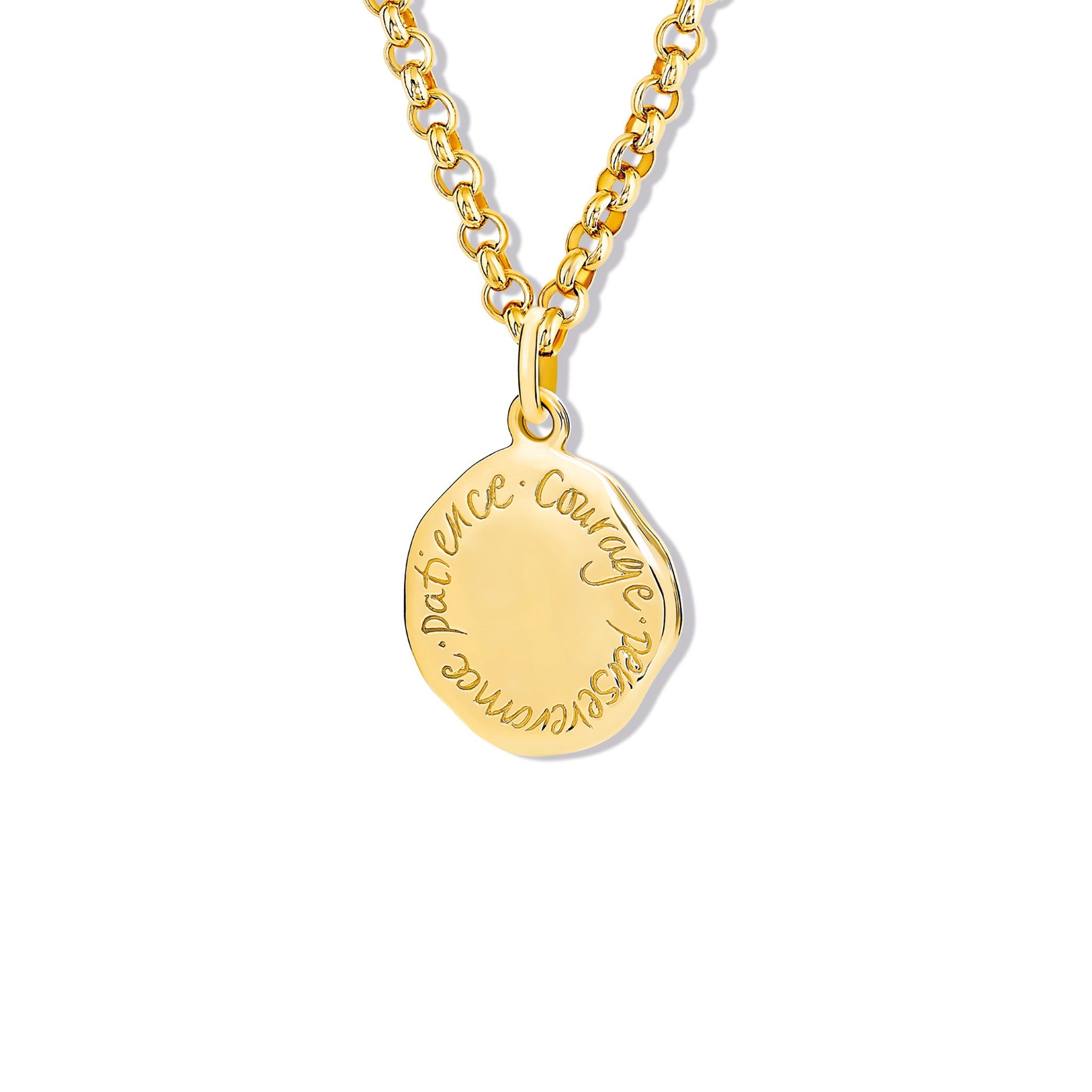 Courage, Perseverance, Patience Quote Pendant Yellow Gold