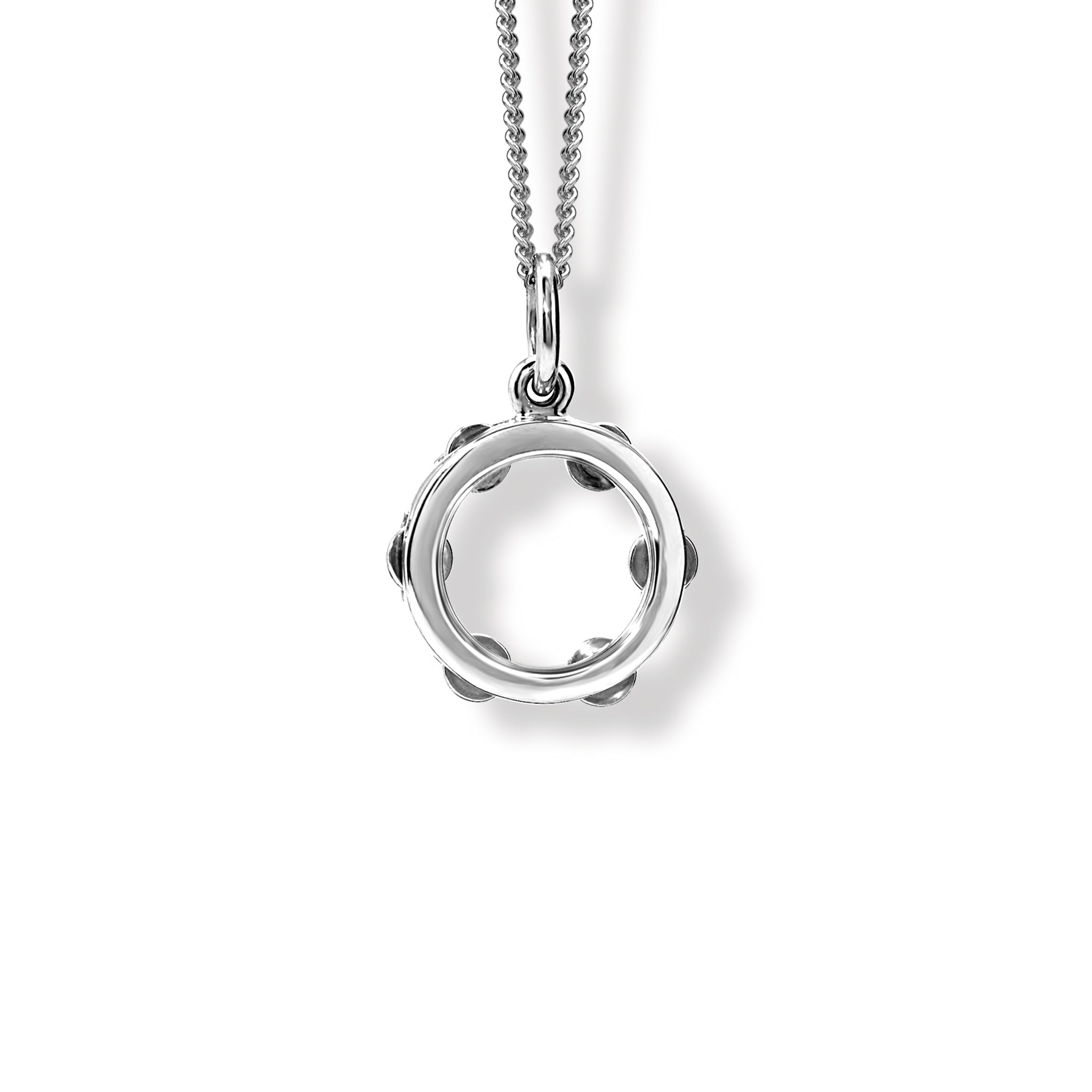 Handcrafted sterling silver necklace pendant featuring a circle surrounded by smaller circles.