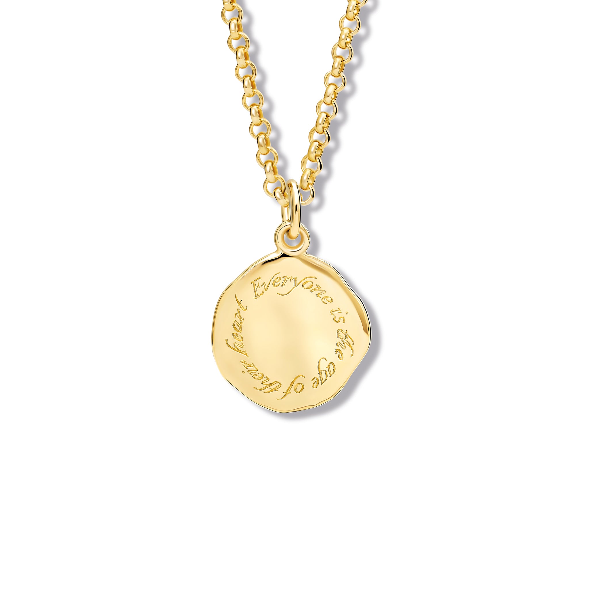 Handcrafted round 18ct yellow gold necklace pendant engraved with the quote, 'Everyone is the age of their heart.'