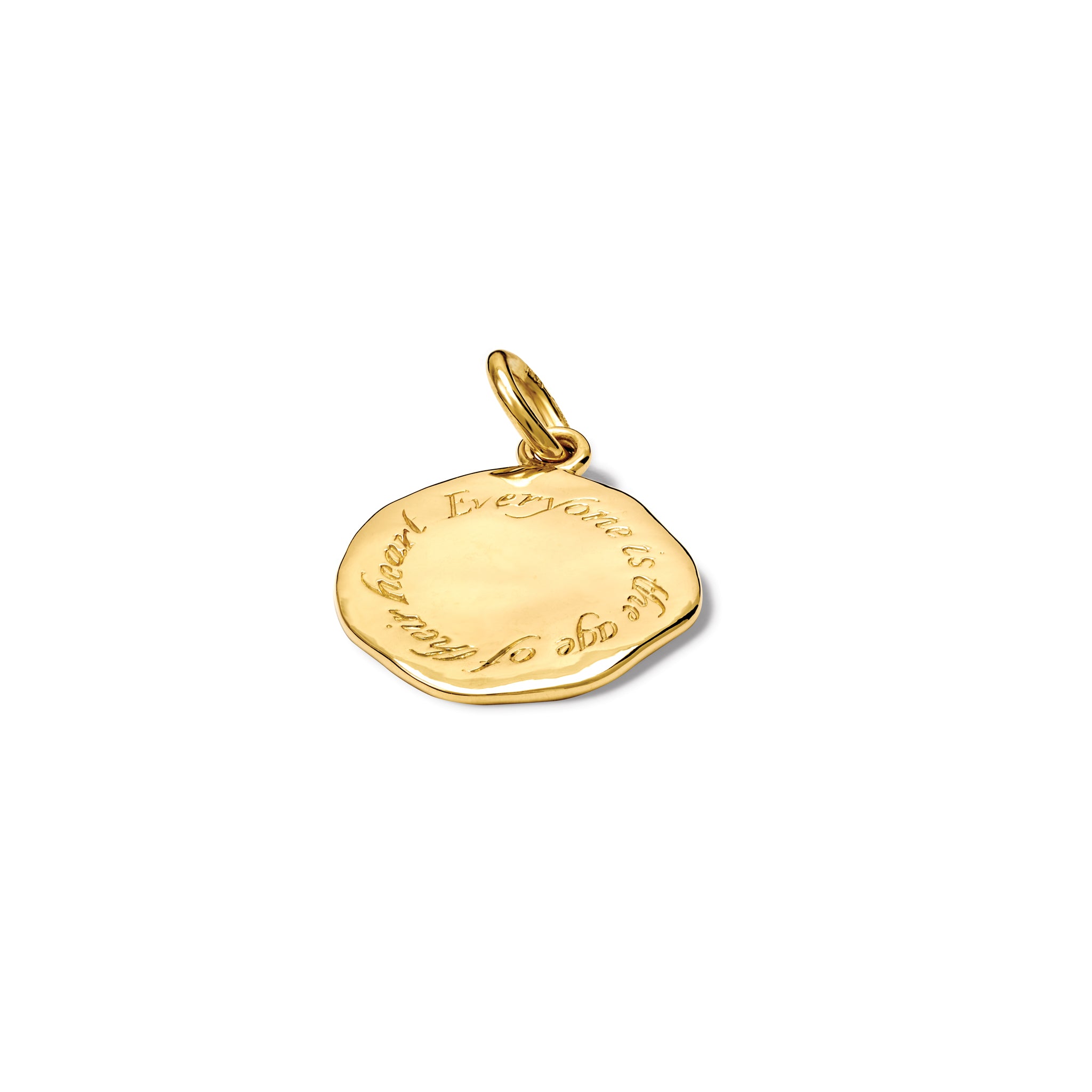 Handcrafted round yellow gold necklace pendant engraved with the quote, 'Everyone is the age of their heart.'