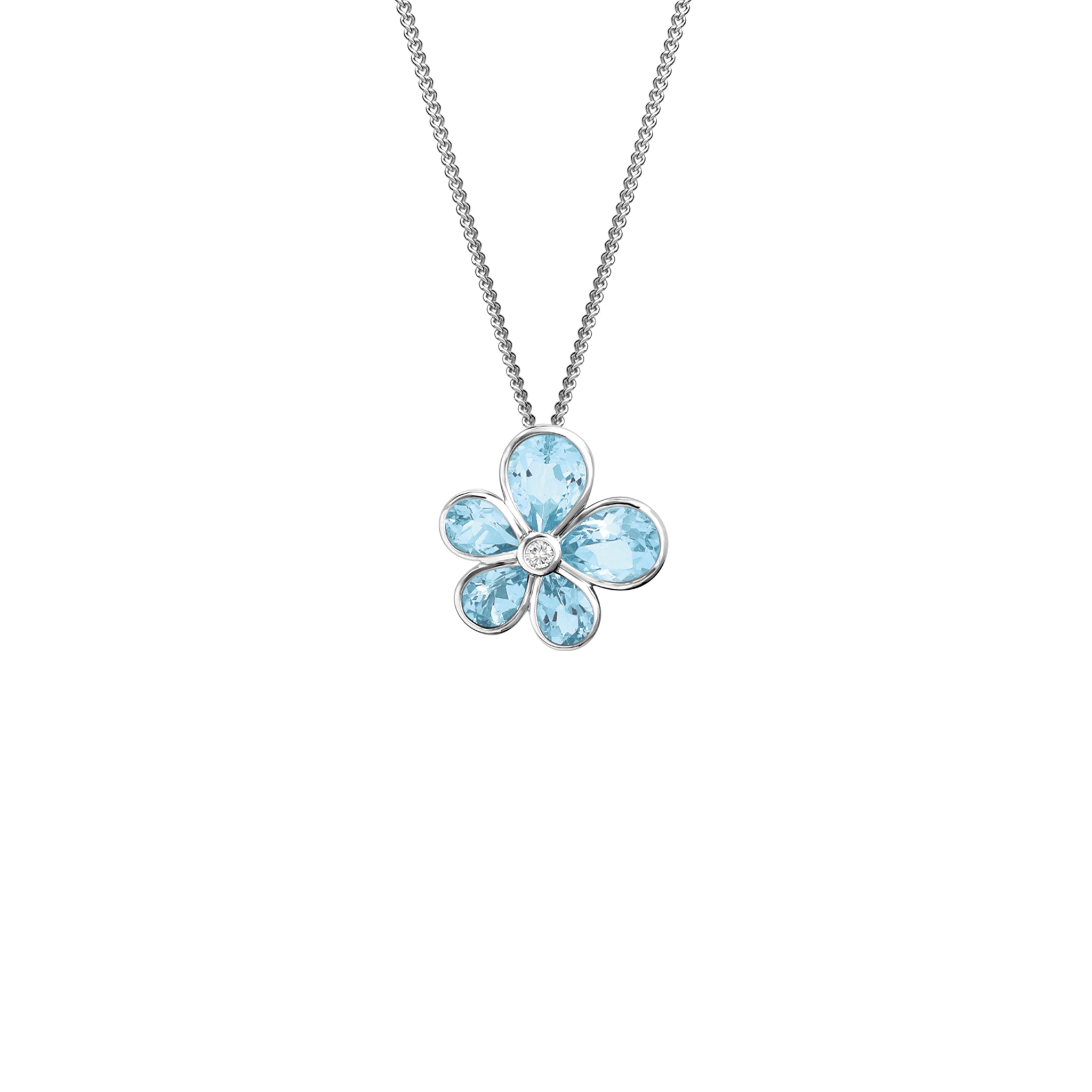 Handcrafted yellow gold flower pendant with aquamarine petals and diamond accents, birthstone of November.