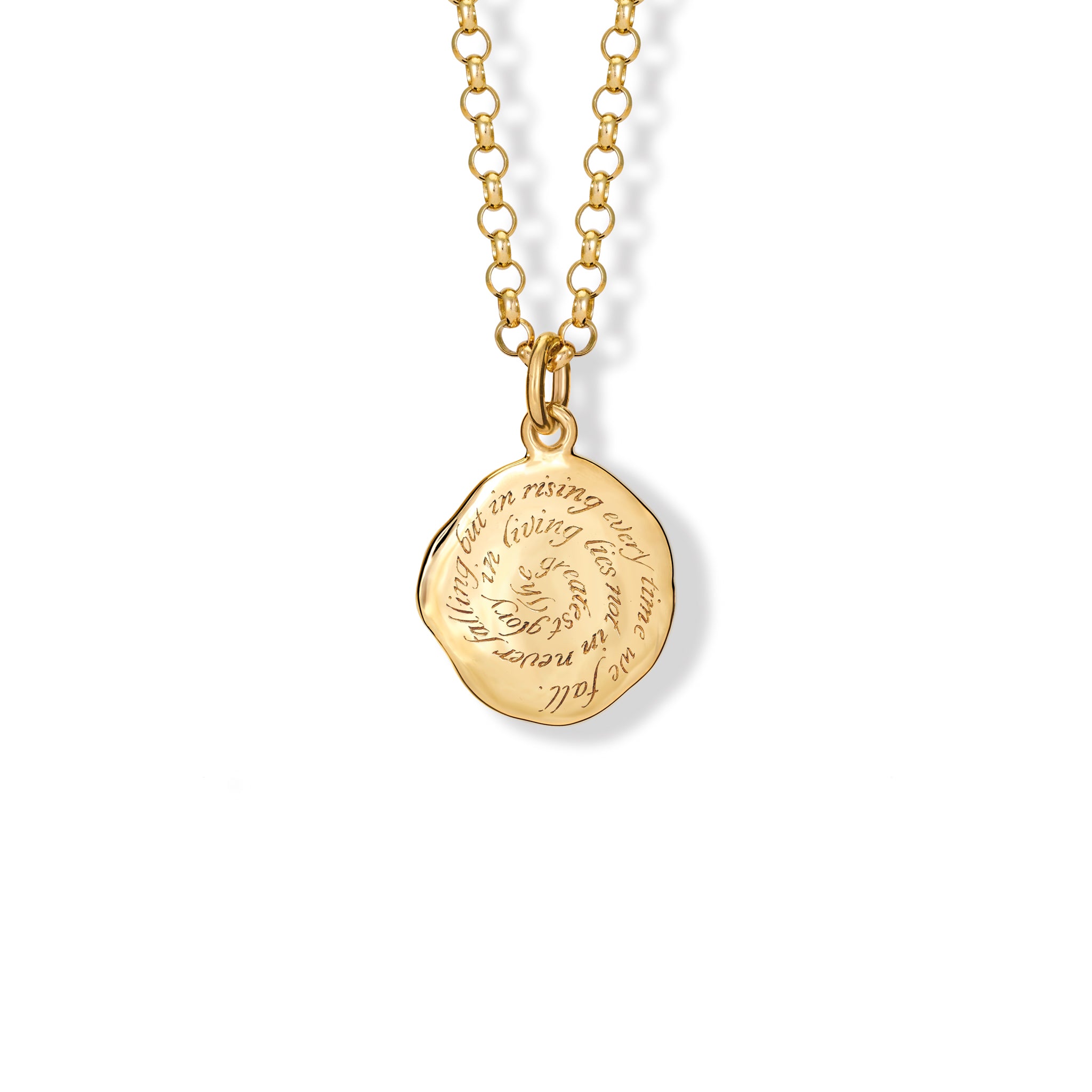 Handcrafted 18ct yellow gold round necklace pendant engraved with the quote 'The greatest glory in living lies not in never falling, but in rising every time we fall.'
