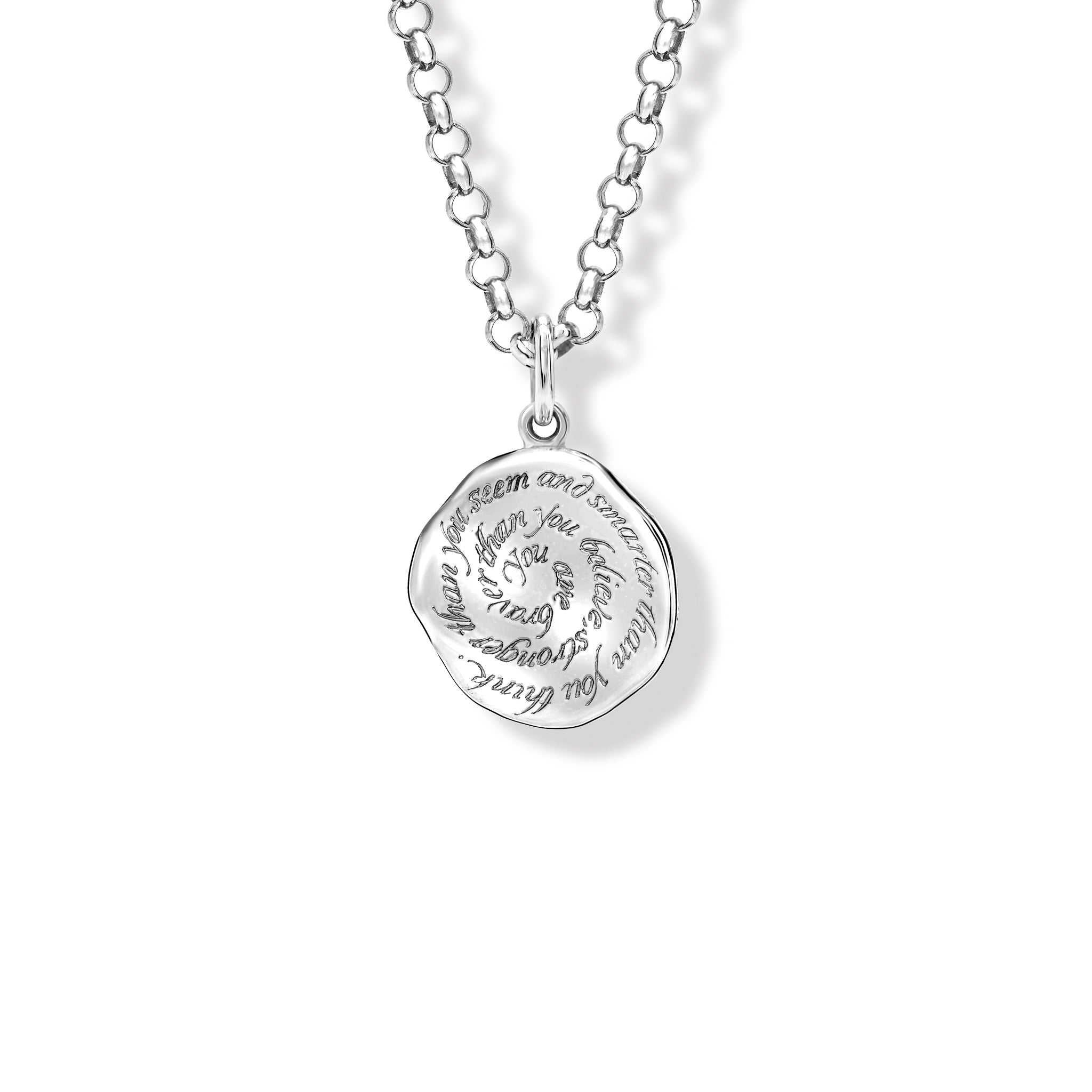 Handcrafted sterling silver round necklace pendant engraved with the quote, 'You are braver than you believe, stronger than you seem and smarter than you think.'
