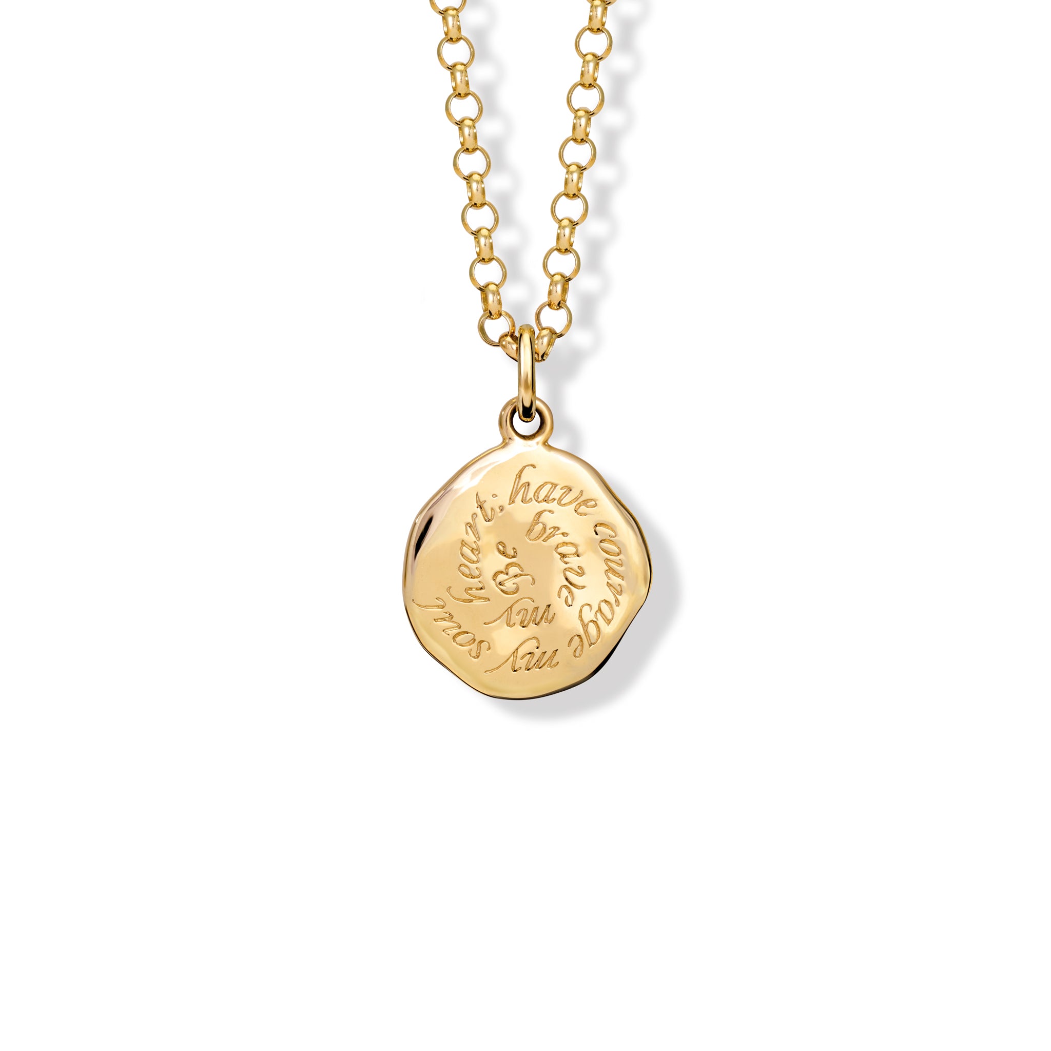 Handcrafted round yellow gold necklace pendant engraved with the quote, 'Be brave my heart, have courage my soul.'