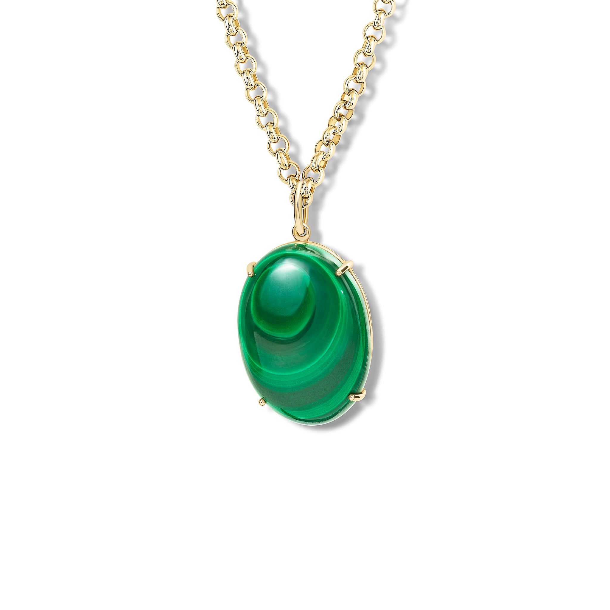 Handcrafted yellow gold necklace pendant with a large round central malachite hanging from a gold chain. 