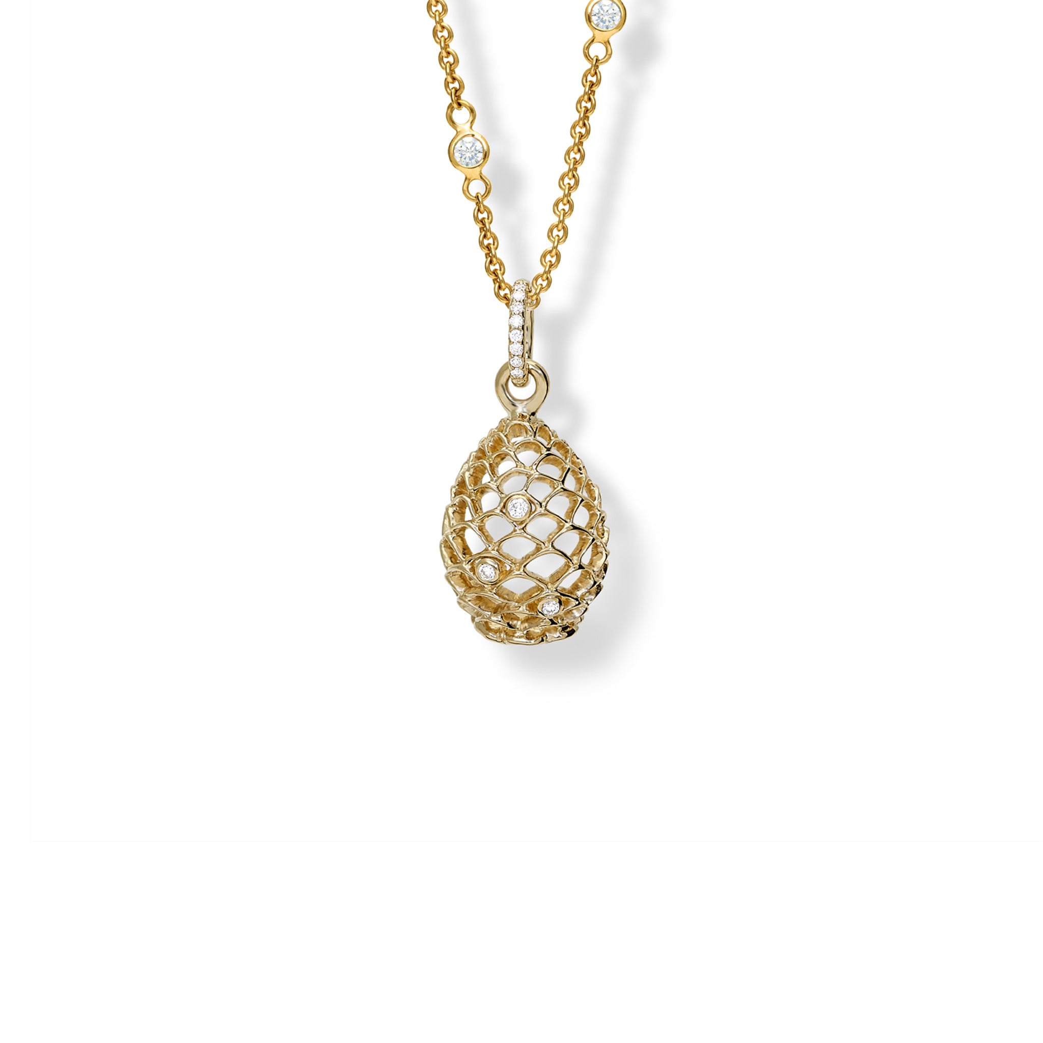 Handcrafted yellow gold necklace pendant featuring a pinecone frame with diamonds.