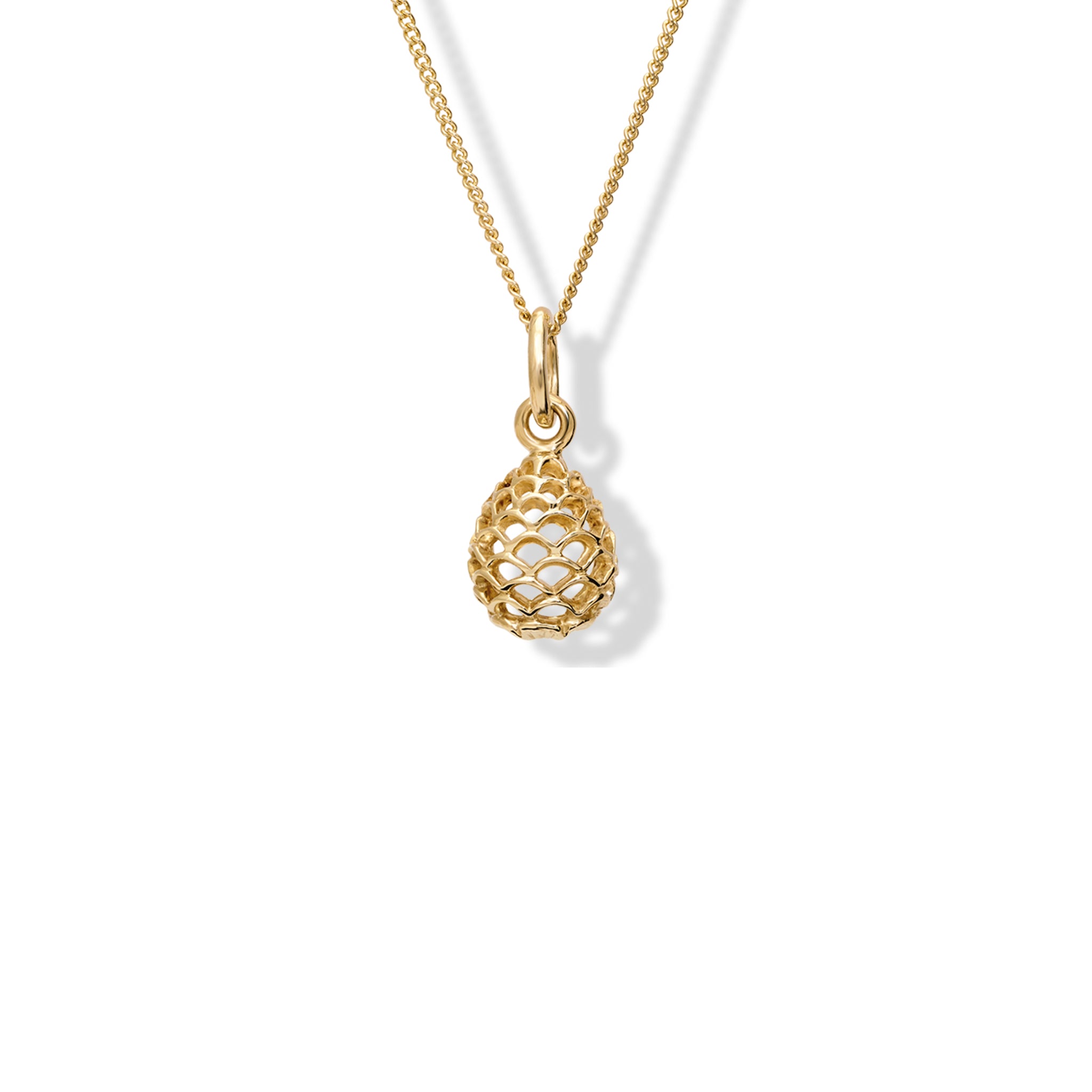 Handcrafted yellow gold necklace pendant featuring a pinecone frame.