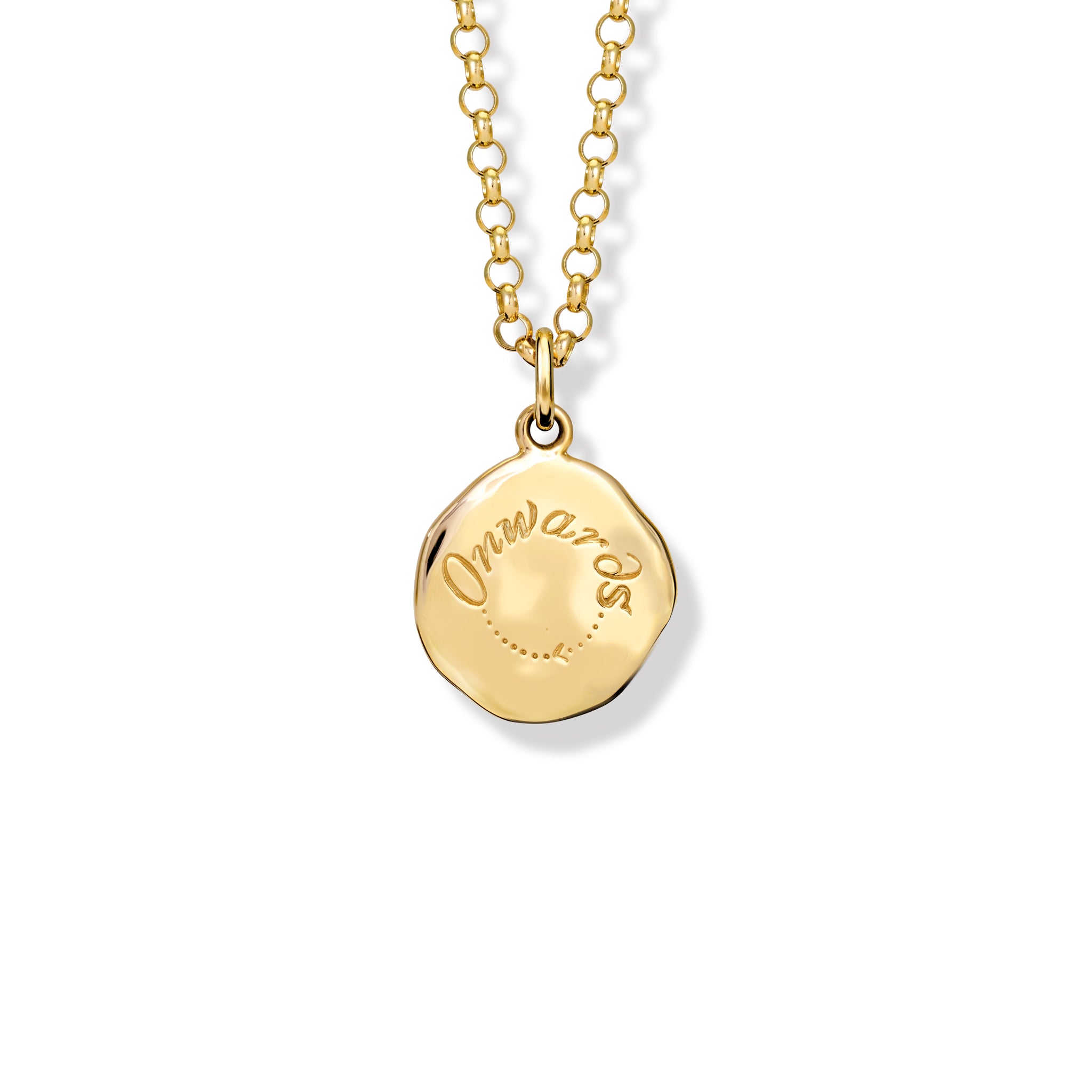 Handcrafted 18ct yellow gold necklace pendant engraved with the quote, 'Onwards.'