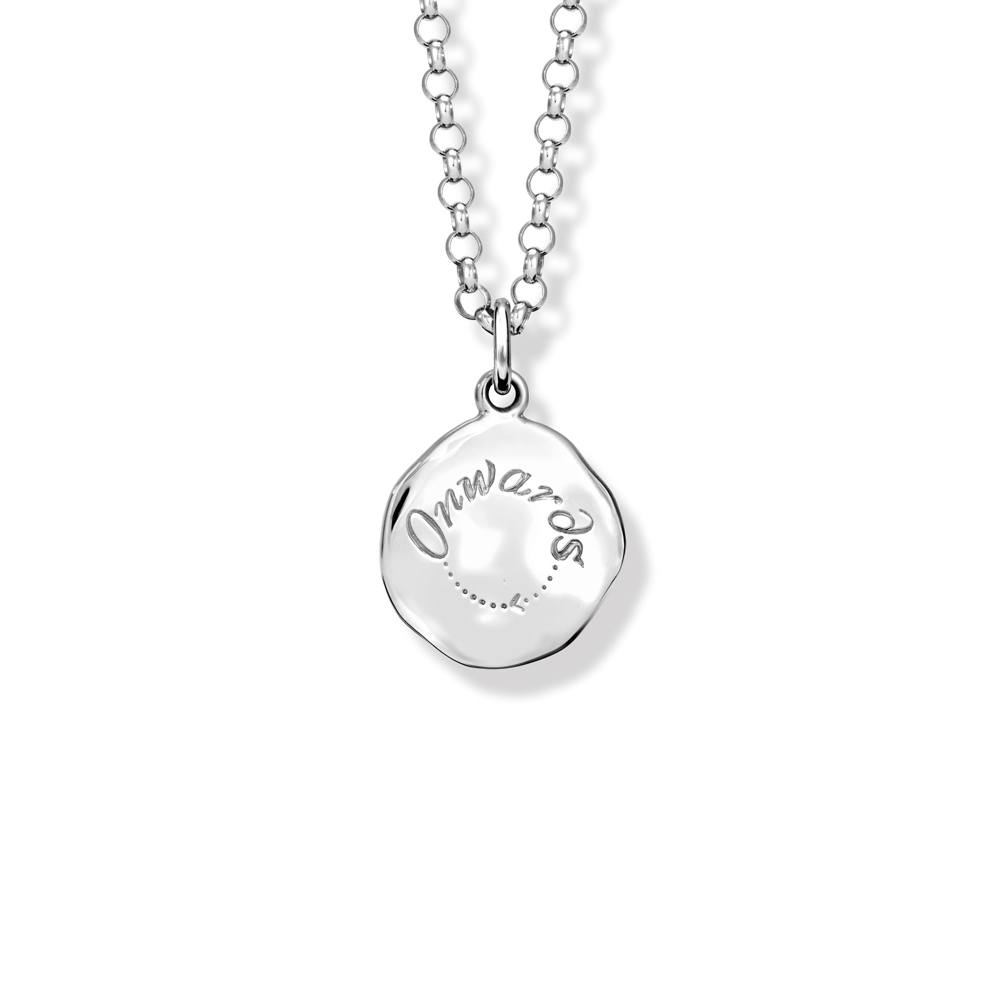 Handcrafted sterling silver necklace pendant engraved with the quote, 'Onwards.'