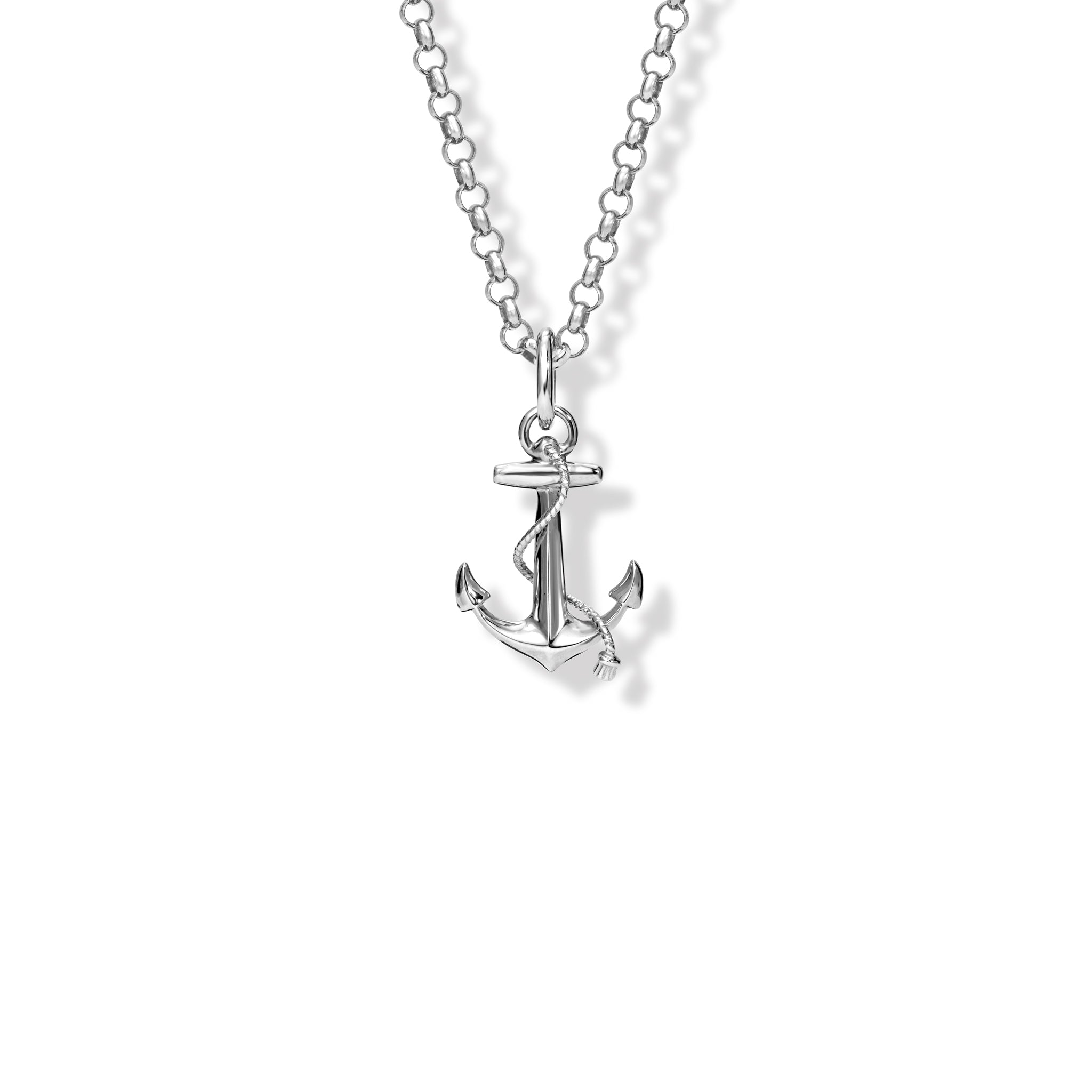 Handcrafted sterling silver necklace pendant shaped like an anchor, symbolising strength and stability.