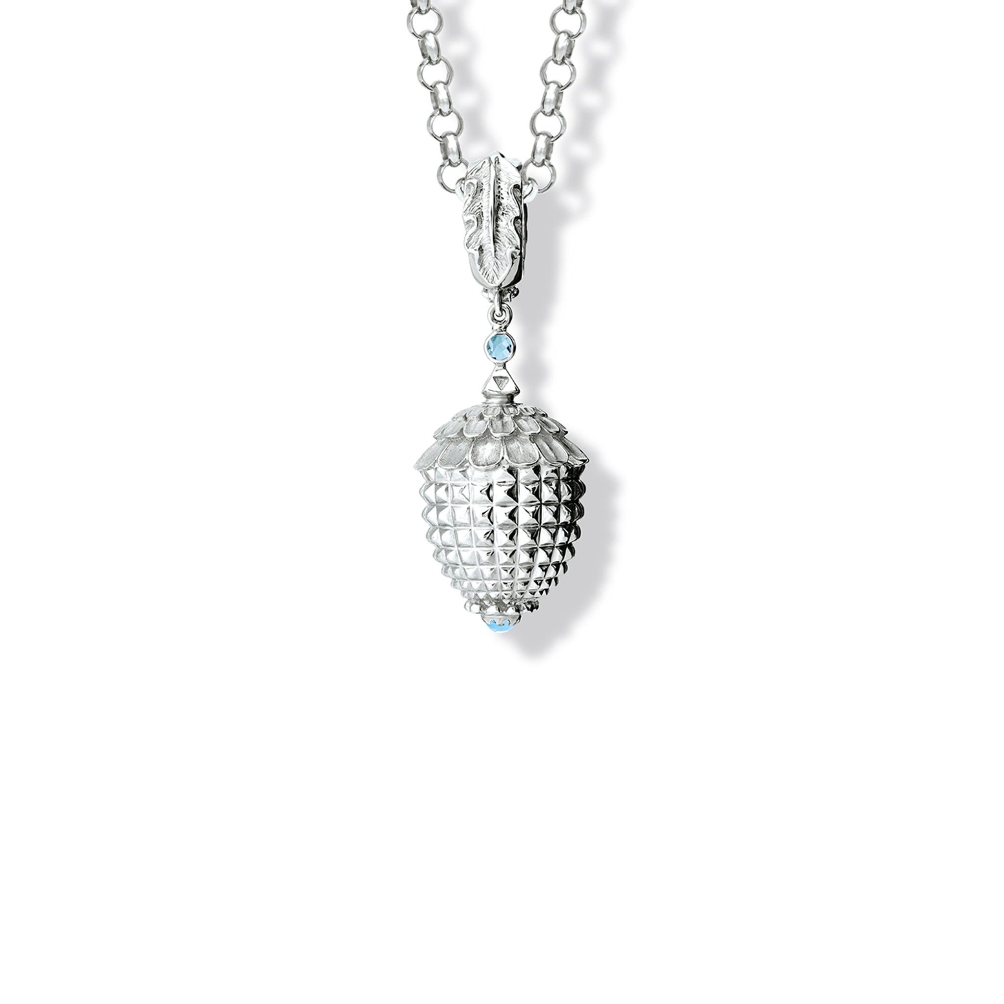 Handcrafted sterling silver necklace pendant featuring a pineapple shape with a blue topaz.