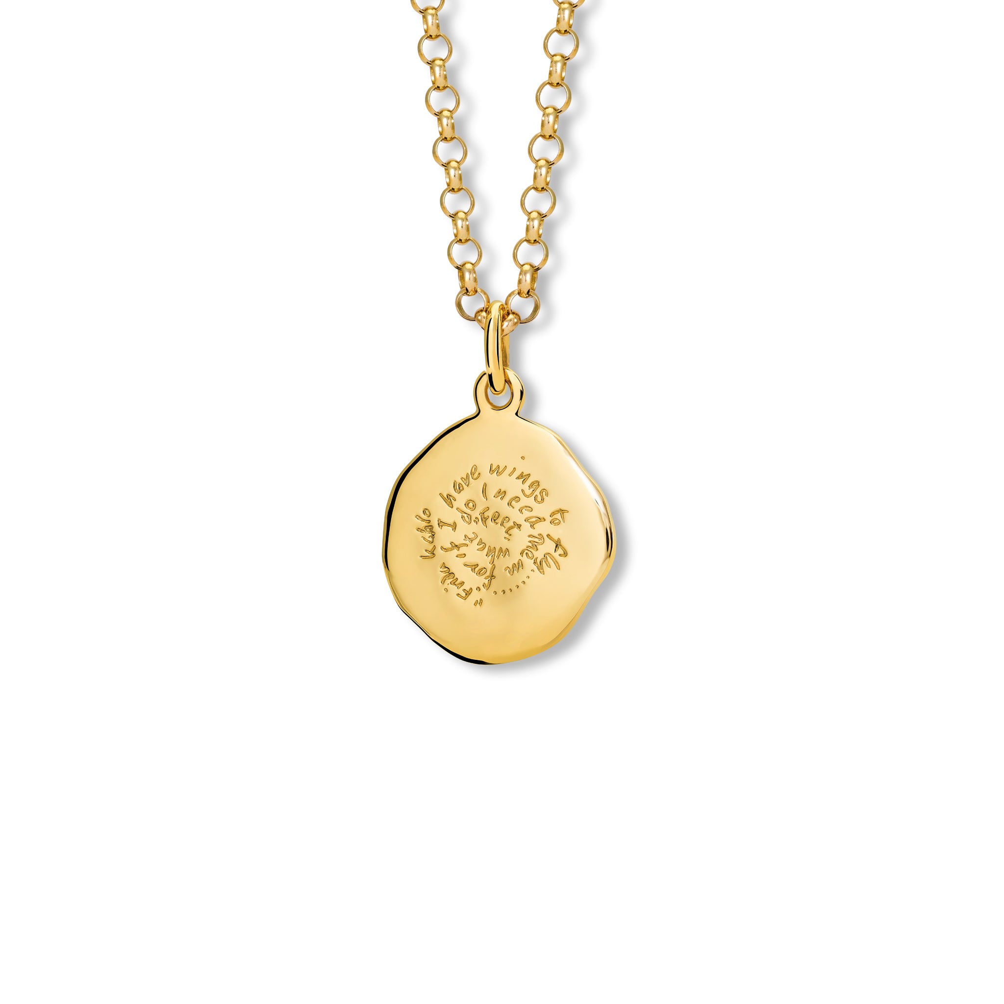 Handcrafted round 18ct yellow gold necklace pendant adorned with diamond pavé and engraved with the quote, 'Feet, what do I need them for if I have wings to fly.'