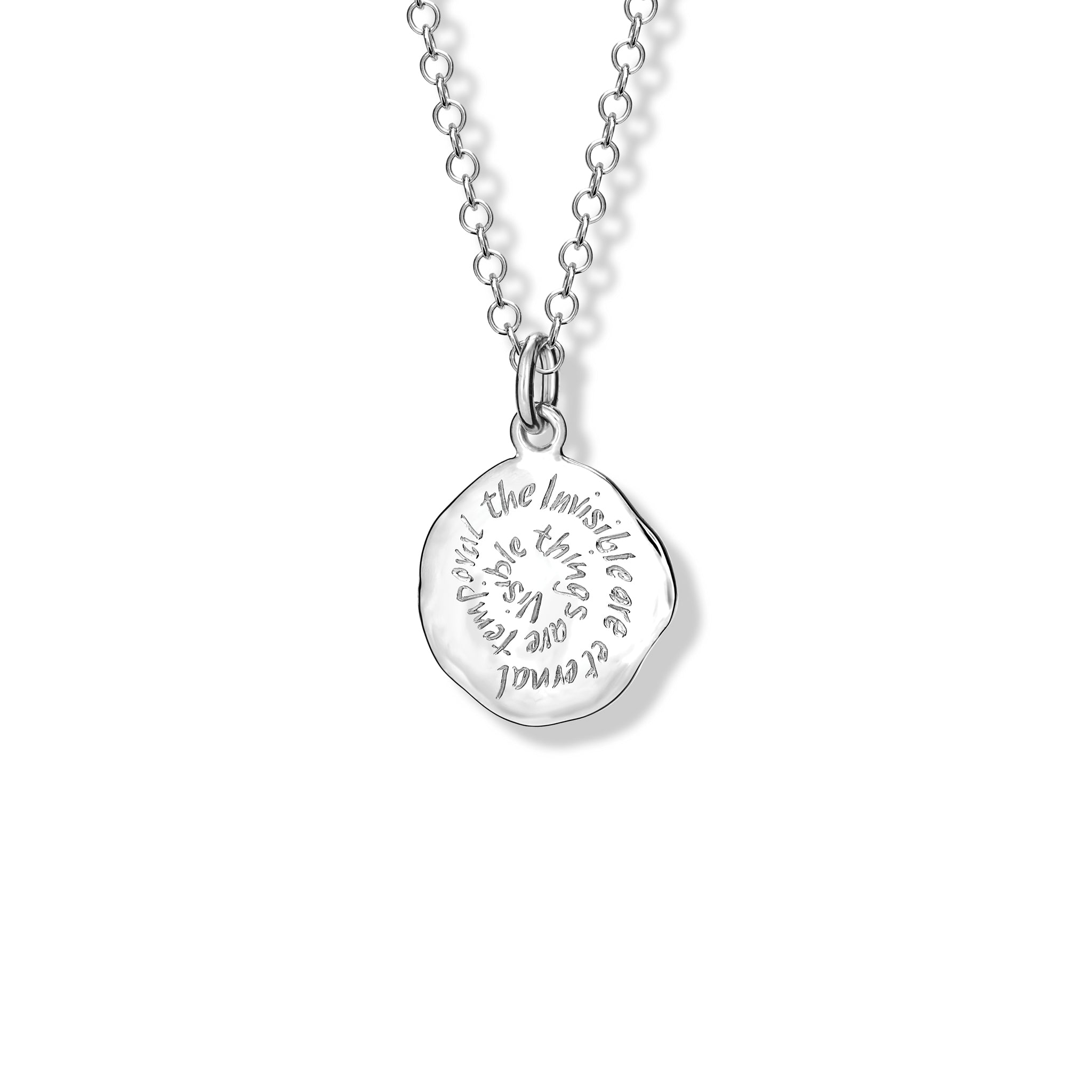 Handcrafted sterling silver necklace pendant engraved with the quote, 'Visible things are temporal, the Invisible are eternal.'
