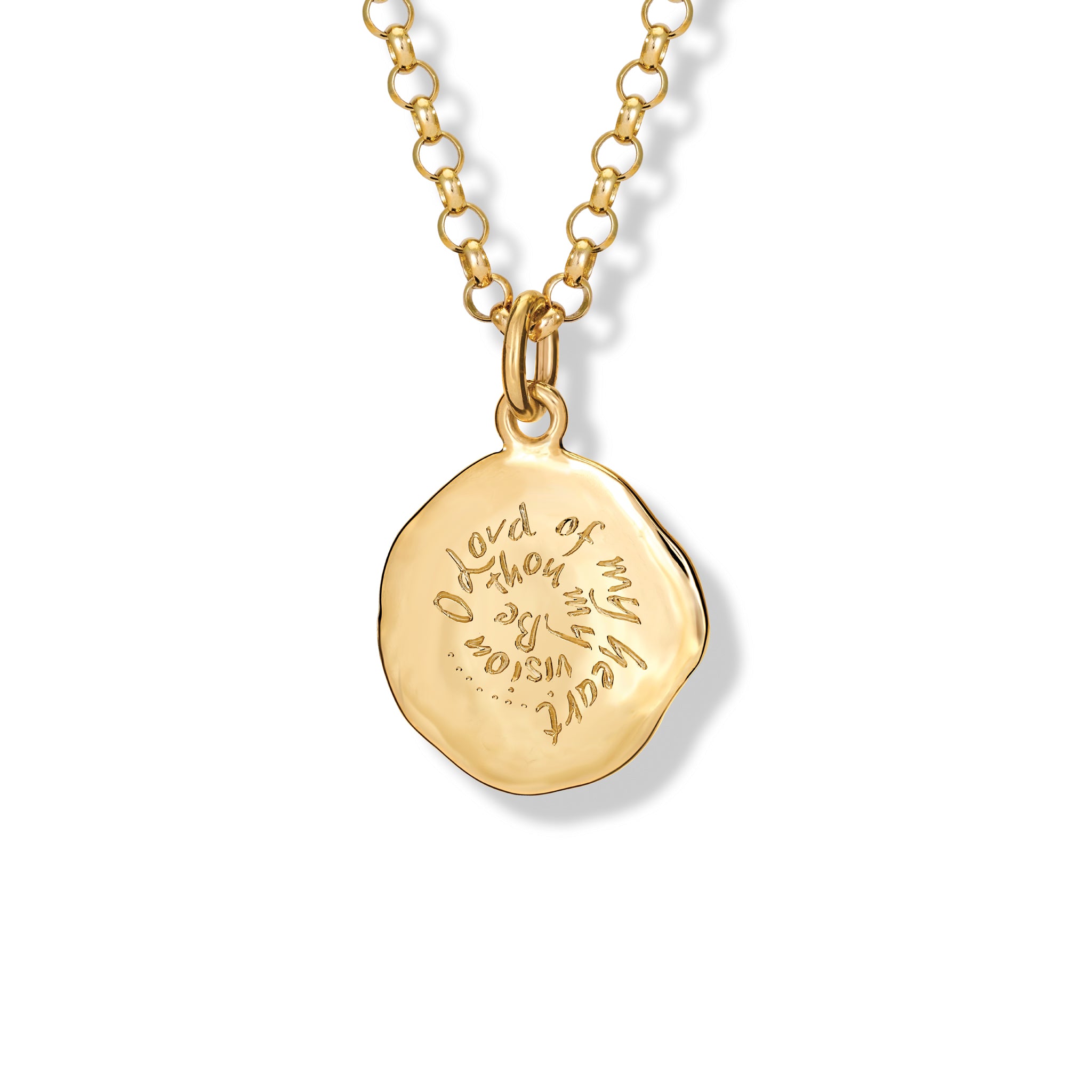 Handcrafted round yellow gold necklace pendant engraved with the quote, 'Be thou my vision, O Lord of my heart.'