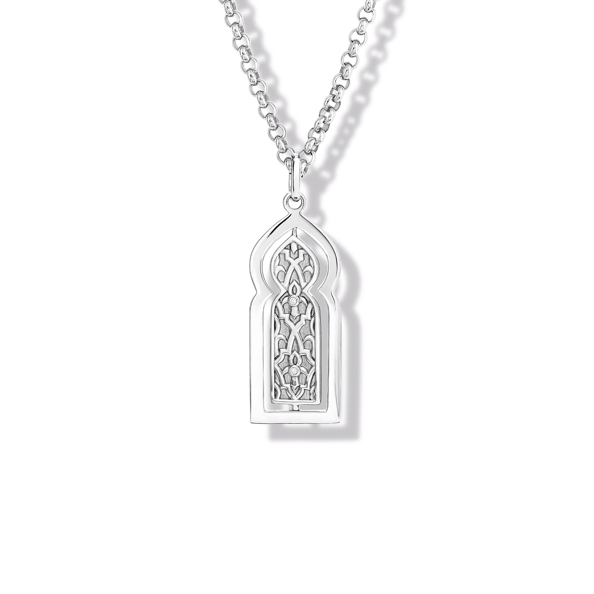 Handcrafted sterling silver necklace pendant featuring a narrow door with diamonds.
