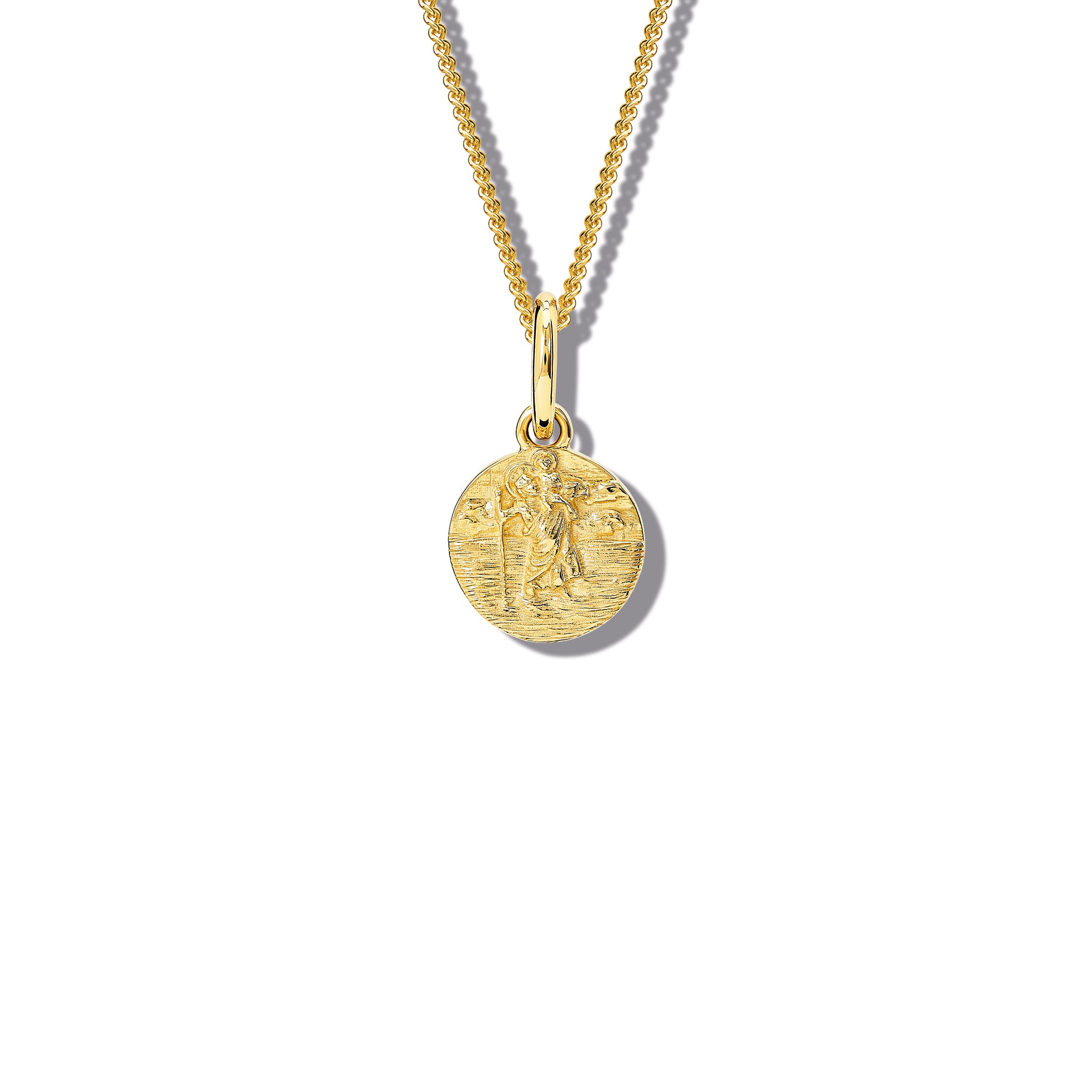 Handcrafted round yellow gold necklace pendant featuring an engraving of Saint Christopher, hanging from a gold chain.