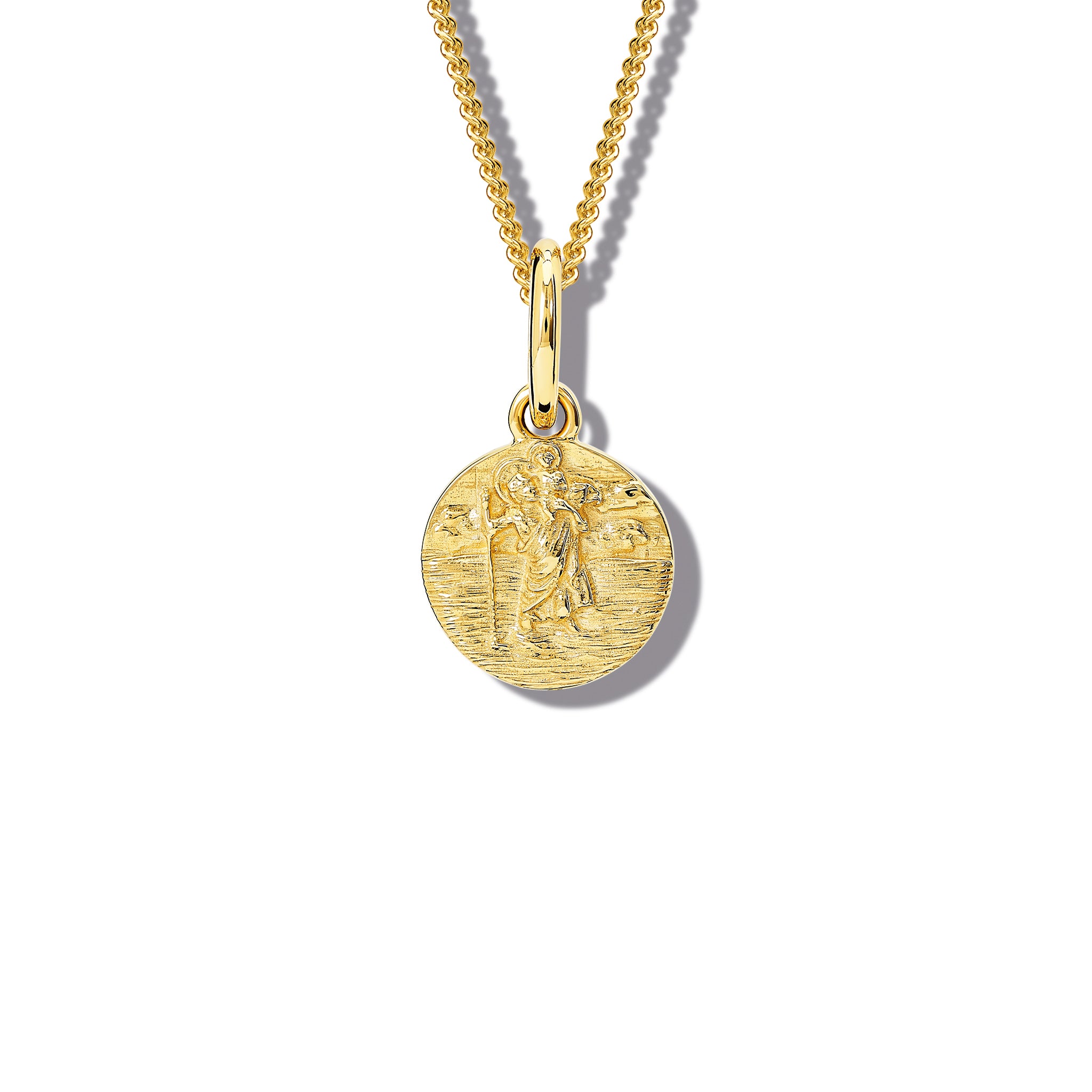 Handcrafted round yellow gold necklace pendant featuring an engraving of Saint Christopher, hanging from a gold chain.