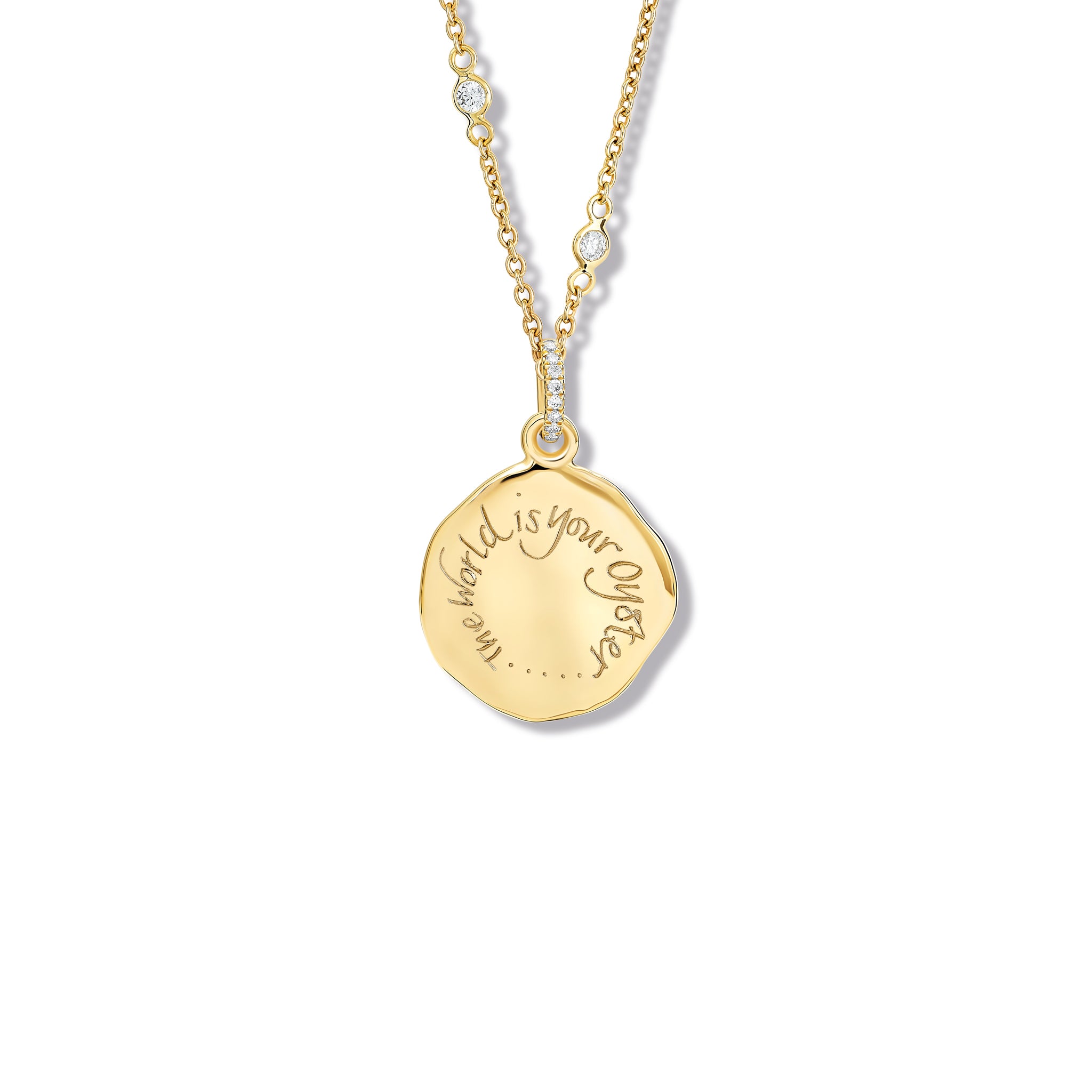 The World Is Your Oyster Quote Pendant Yellow Gold - Diamond Pavé