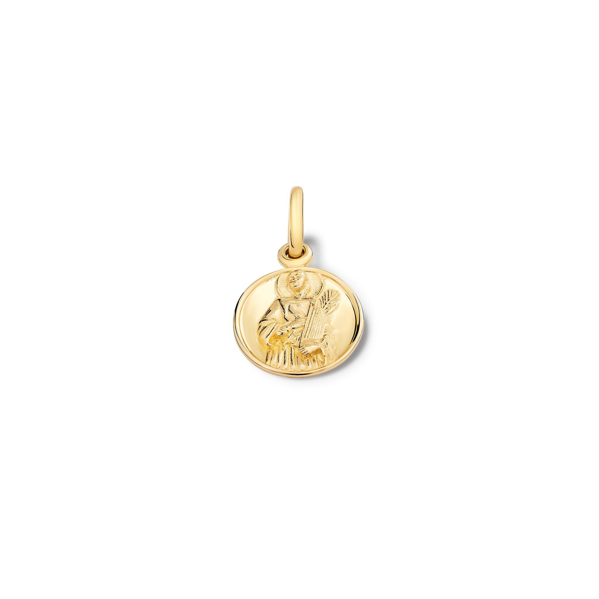 Handcrafted oval yellow gold necklace pendant featuring an engraving of Saint Cecilia, with a loop at the top for chain attachment.