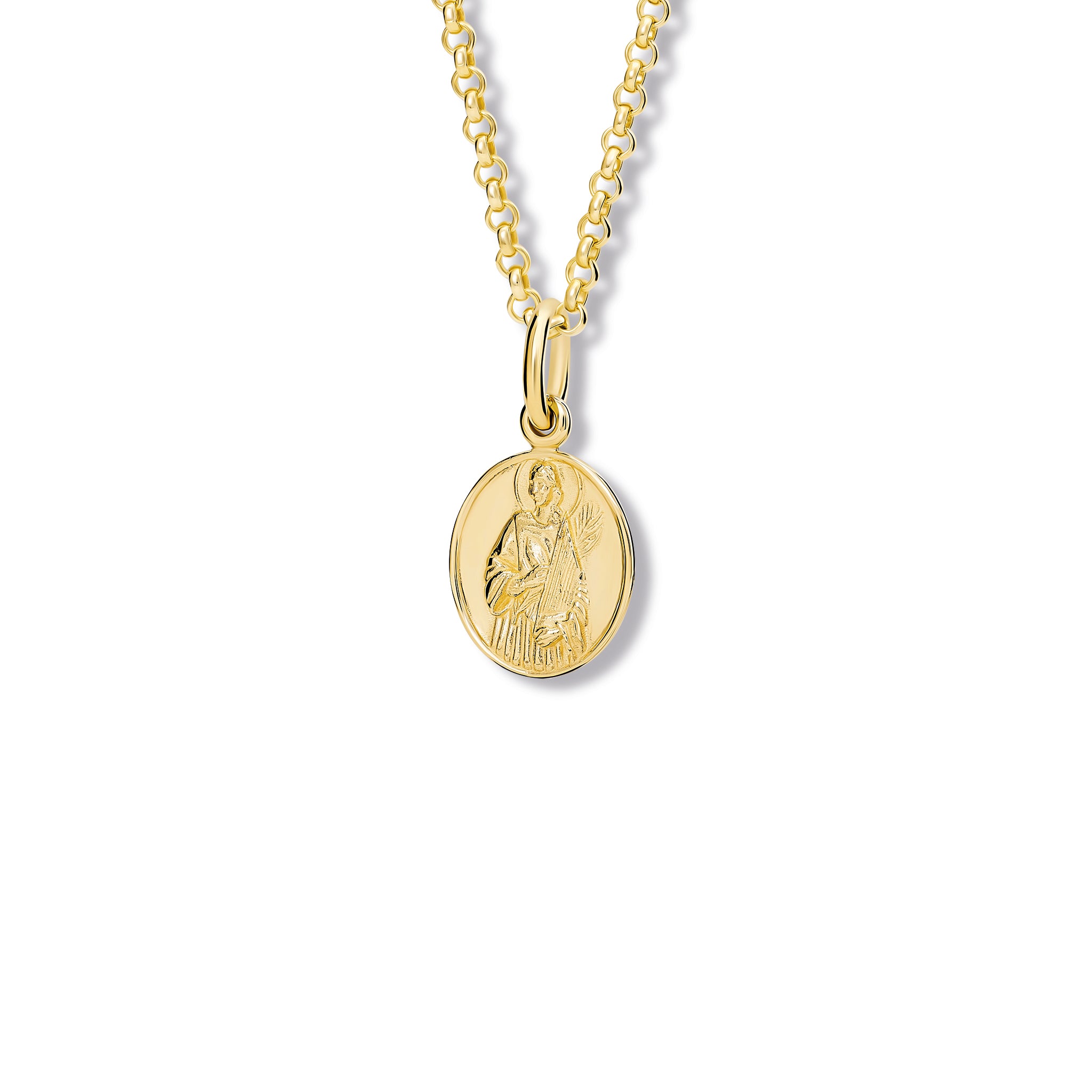 Handcrafted oval yellow gold necklace pendant  featuring an engraving of Saint Cecilia hanging from a gold chain.