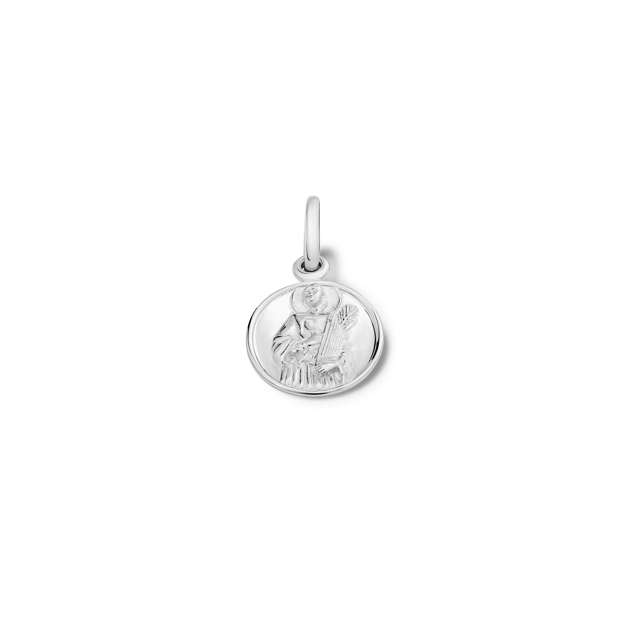 Handcrafted oval sterling silver necklace pendant featuring an engraving of Saint Cecilia, with a loop at the top for chain attachment.