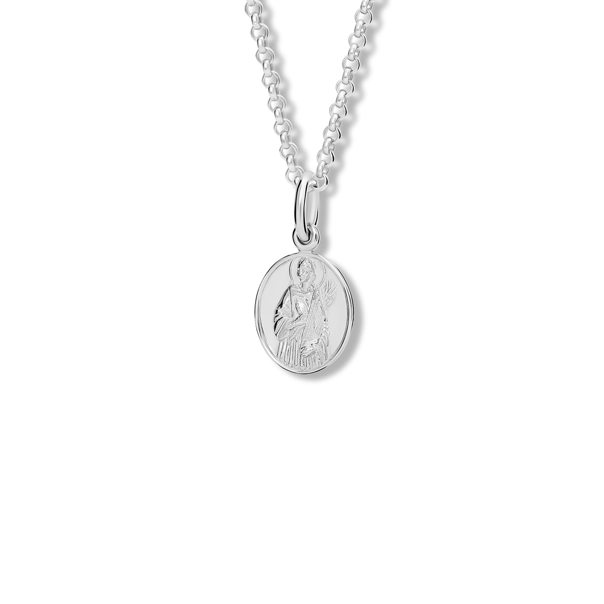 Handcrafted oval sterling silver necklace pendant featuring an engraving of Saint Cecilia, hanging from a silver chain.