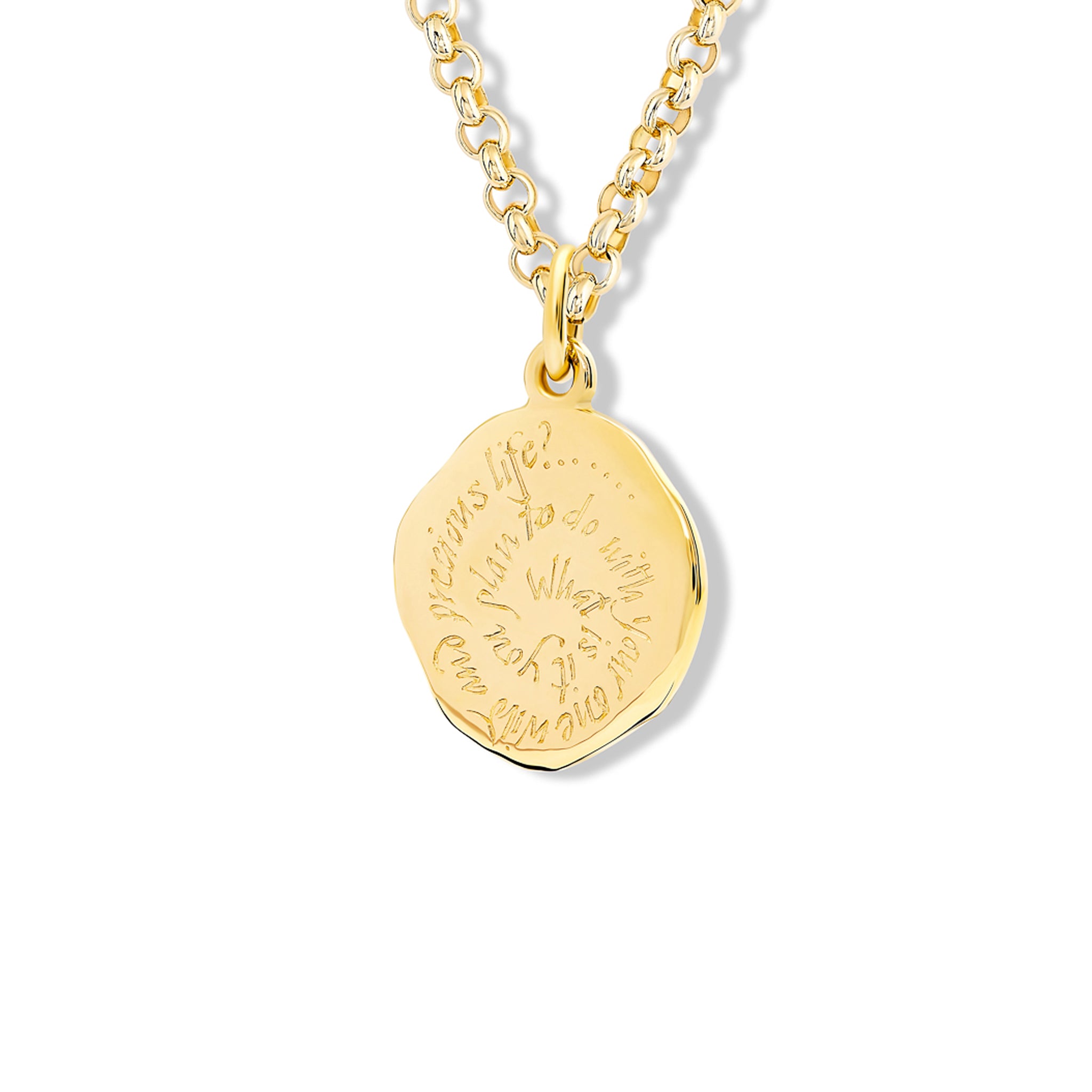 Handcrafted yellow gold necklace pendant engraved with the quote, 'What is it you will do with your one wild and precious life.'
