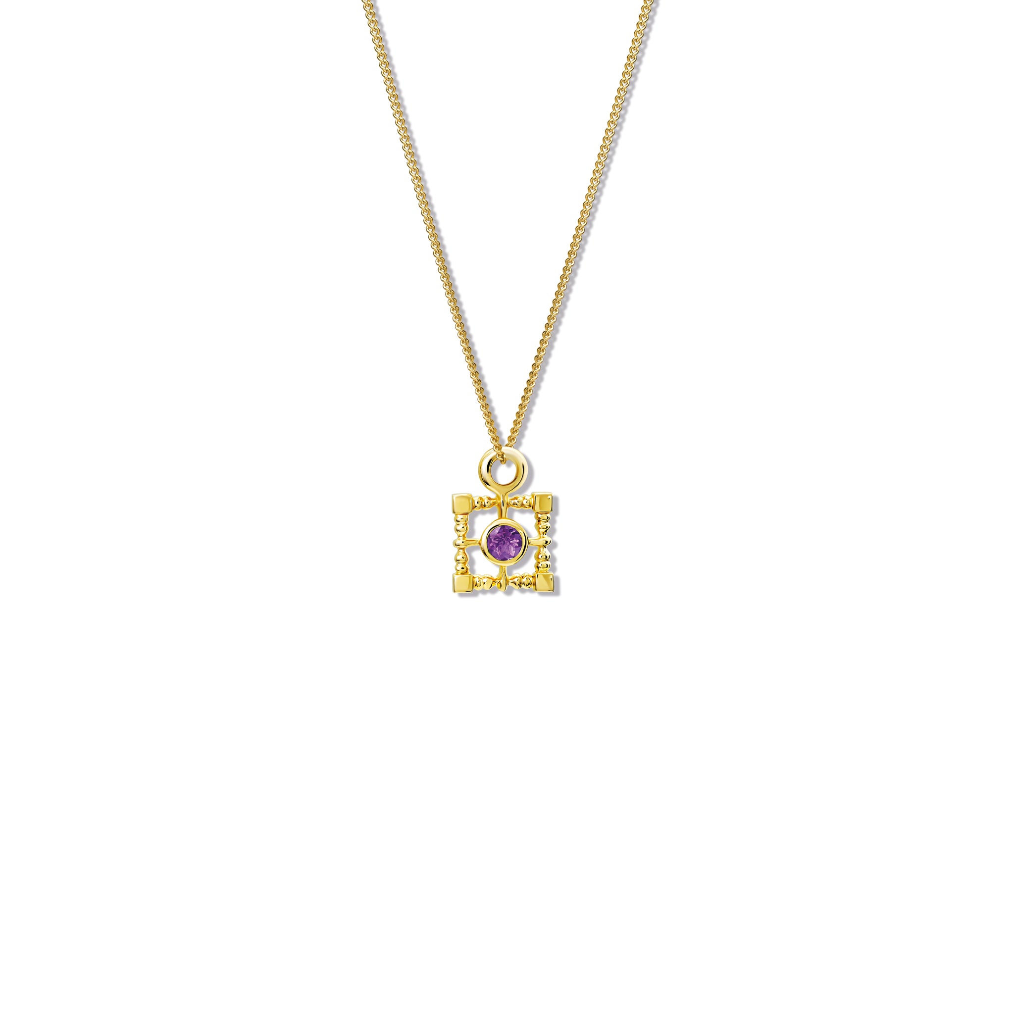 Handcrafted yellow gold necklace pendant  featuring a square-shaped frame with a central amethyst, birthstone of February.