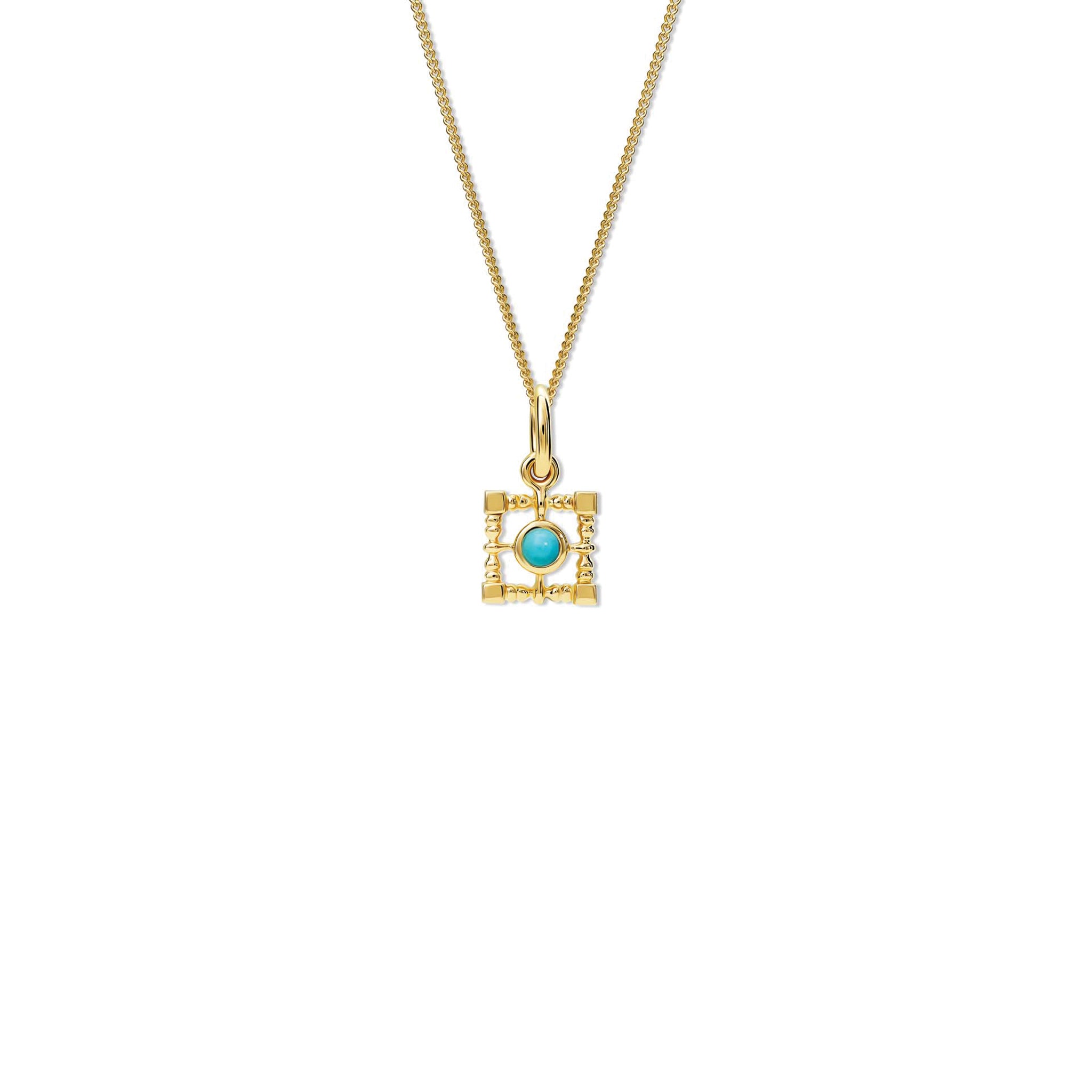 Mashrabiya Trellis Square Necklace Pendant Yellow Gold - Turquoise