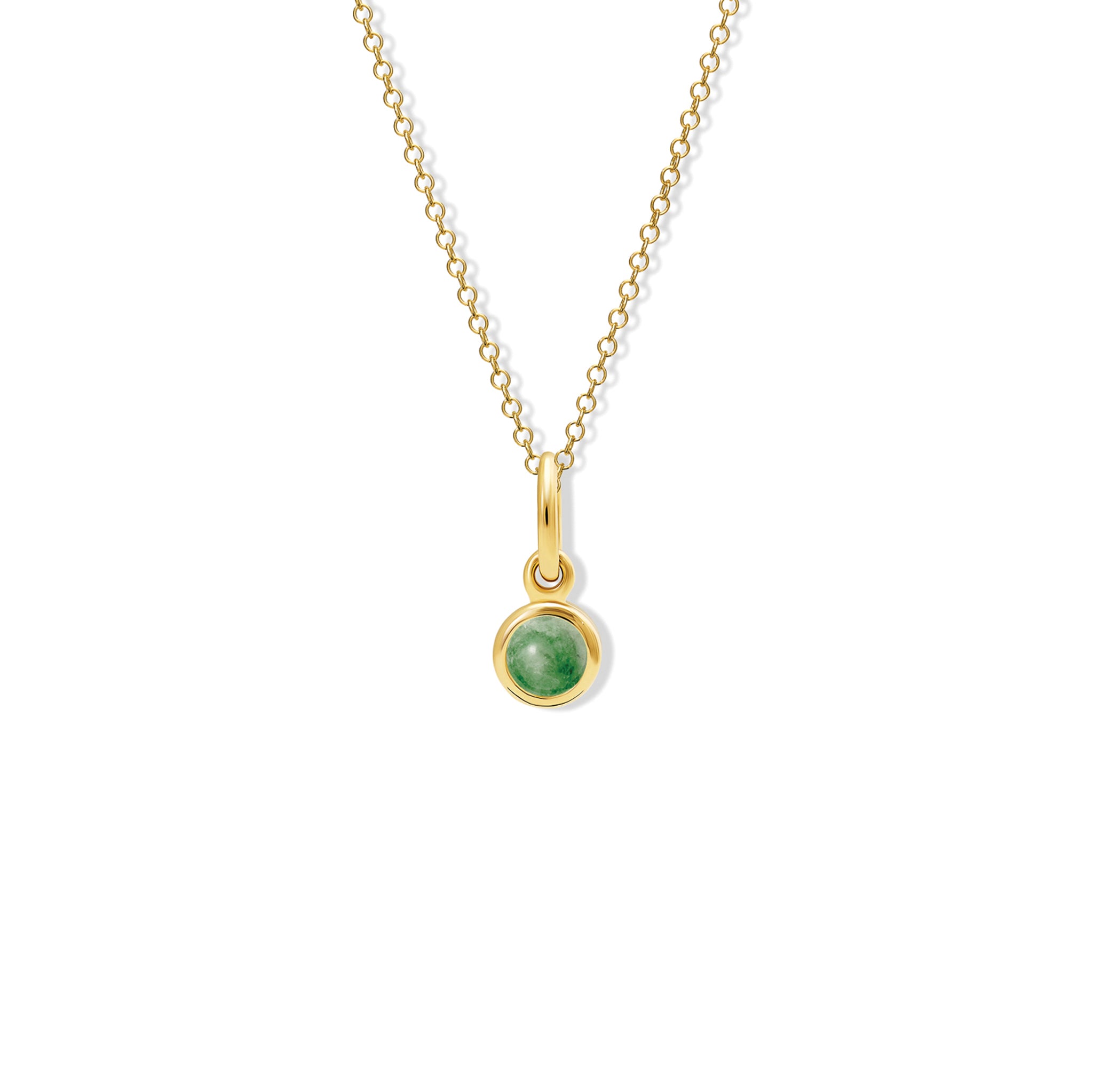 Handcrafted necklace pendant in yellow gold featuring a round emerald drop, birthstone of May.