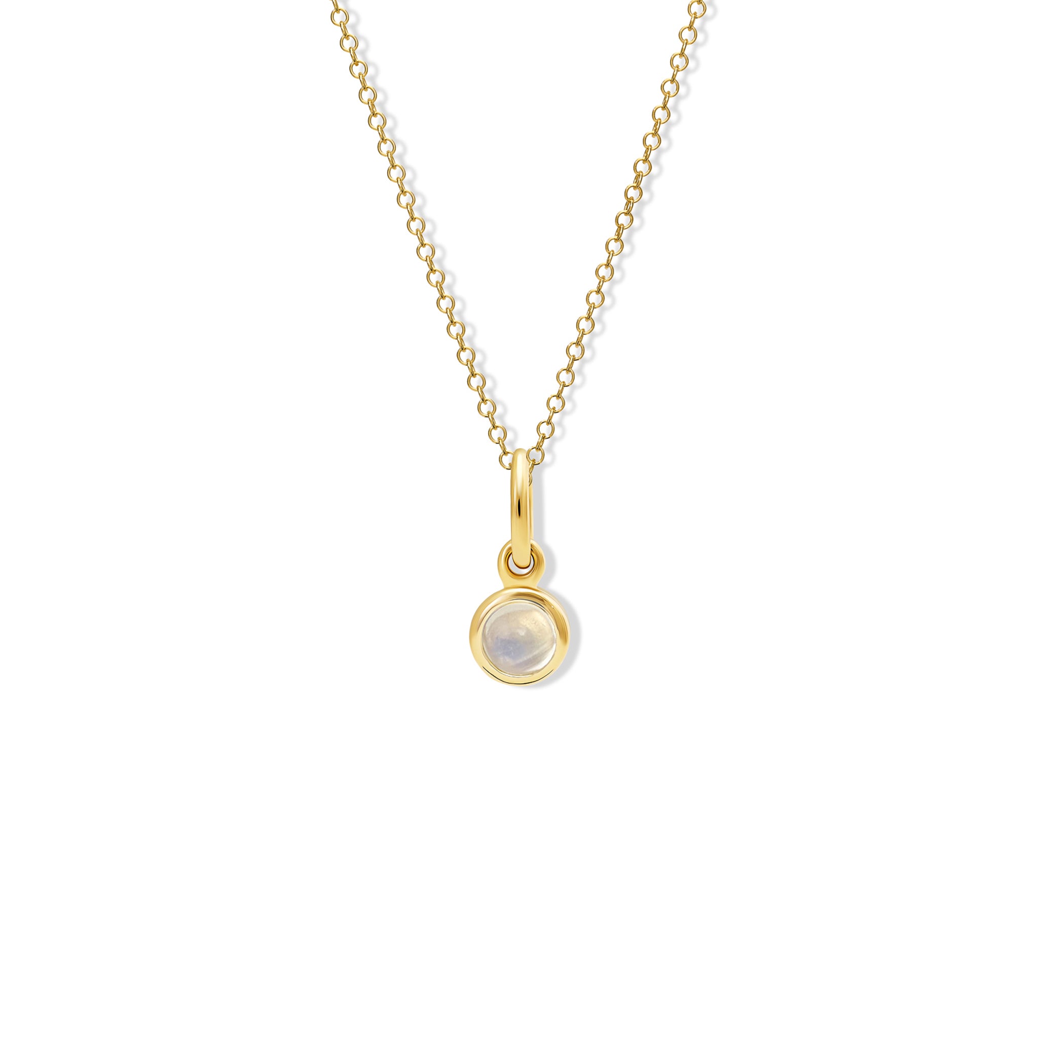 Handcrafted necklace pendant in yellow gold featuring a round moonstone drop.